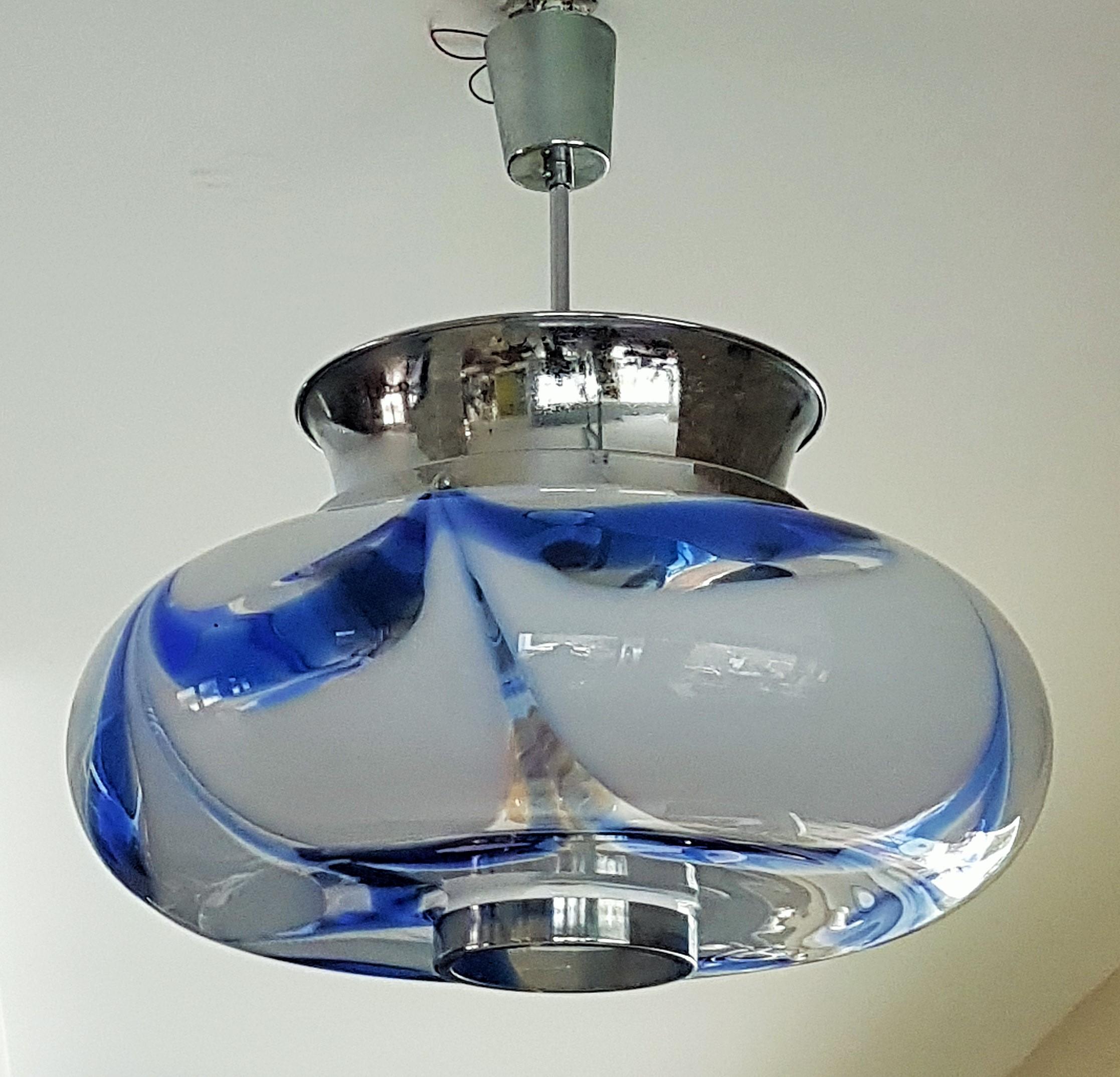 Mid-Century Mazzega Blue Glass and Chrome Chandelier, Pendant, Italy 1960 For Sale 6