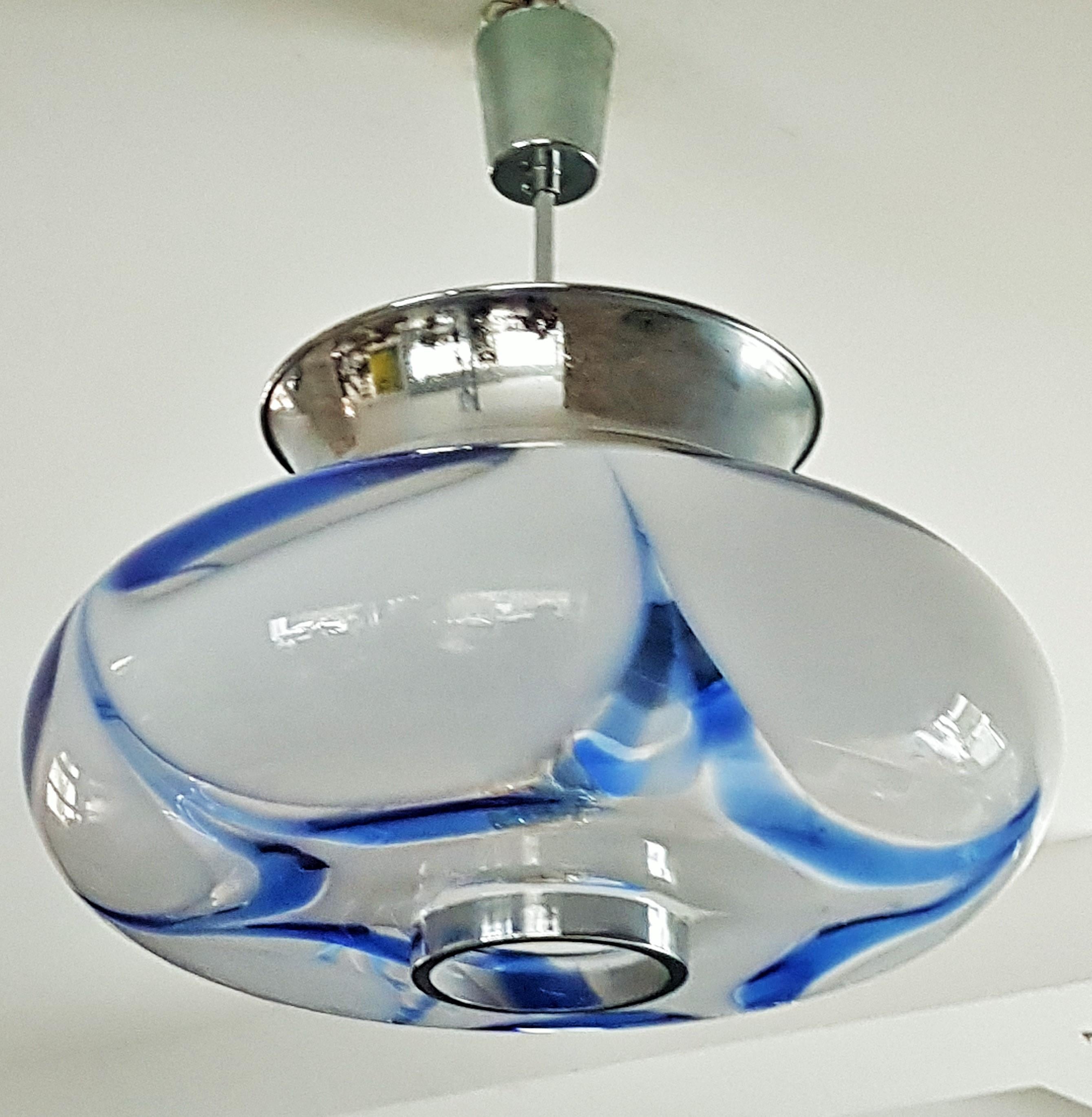Mid-Century Mazzega Blue Glass and Chrome Chandelier, Pendant, Italy 1960 For Sale 7