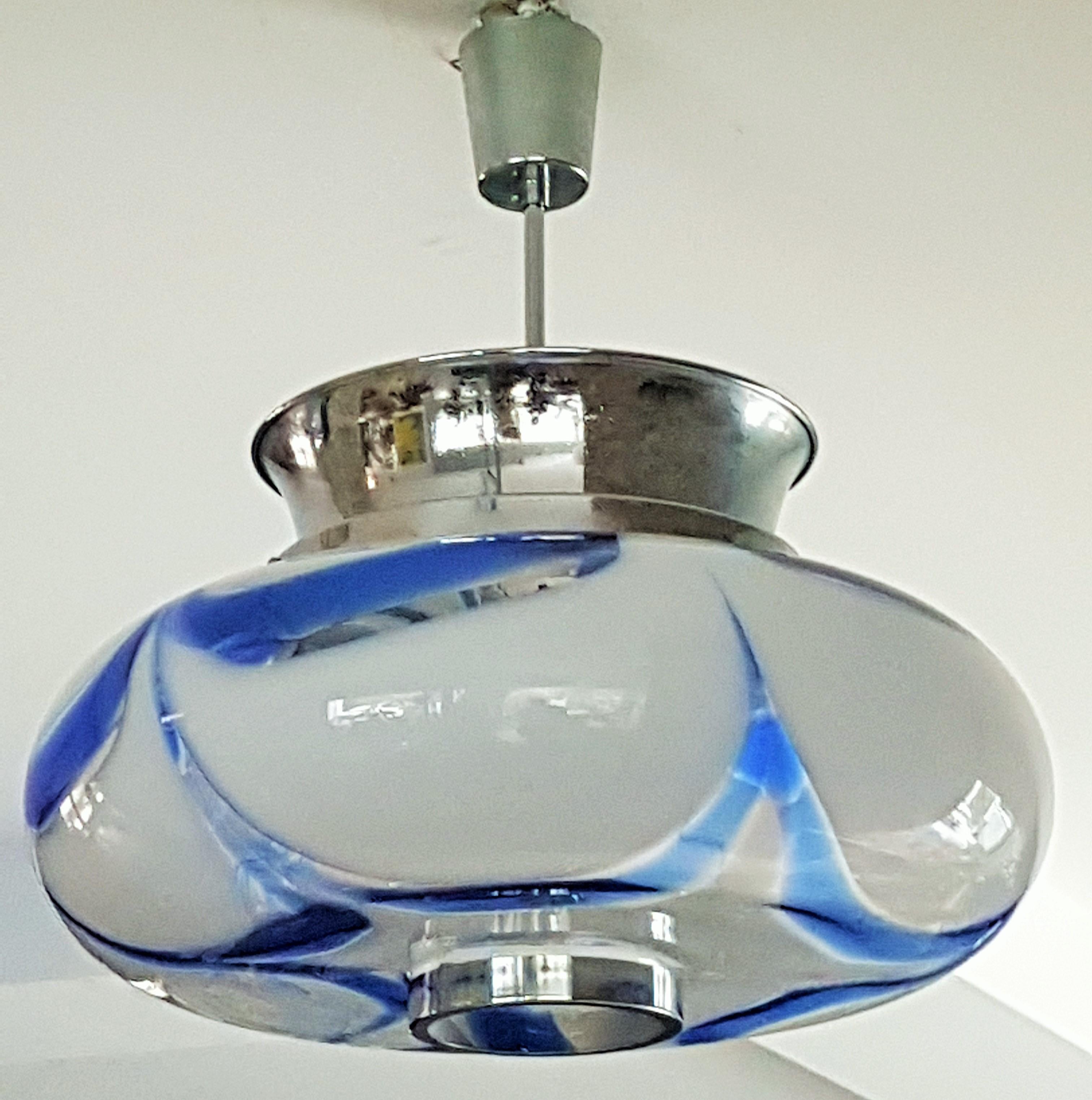 Mid-Century Mazzega Blue Glass and Chrome Chandelier, Pendant, Italy 1960 For Sale 8