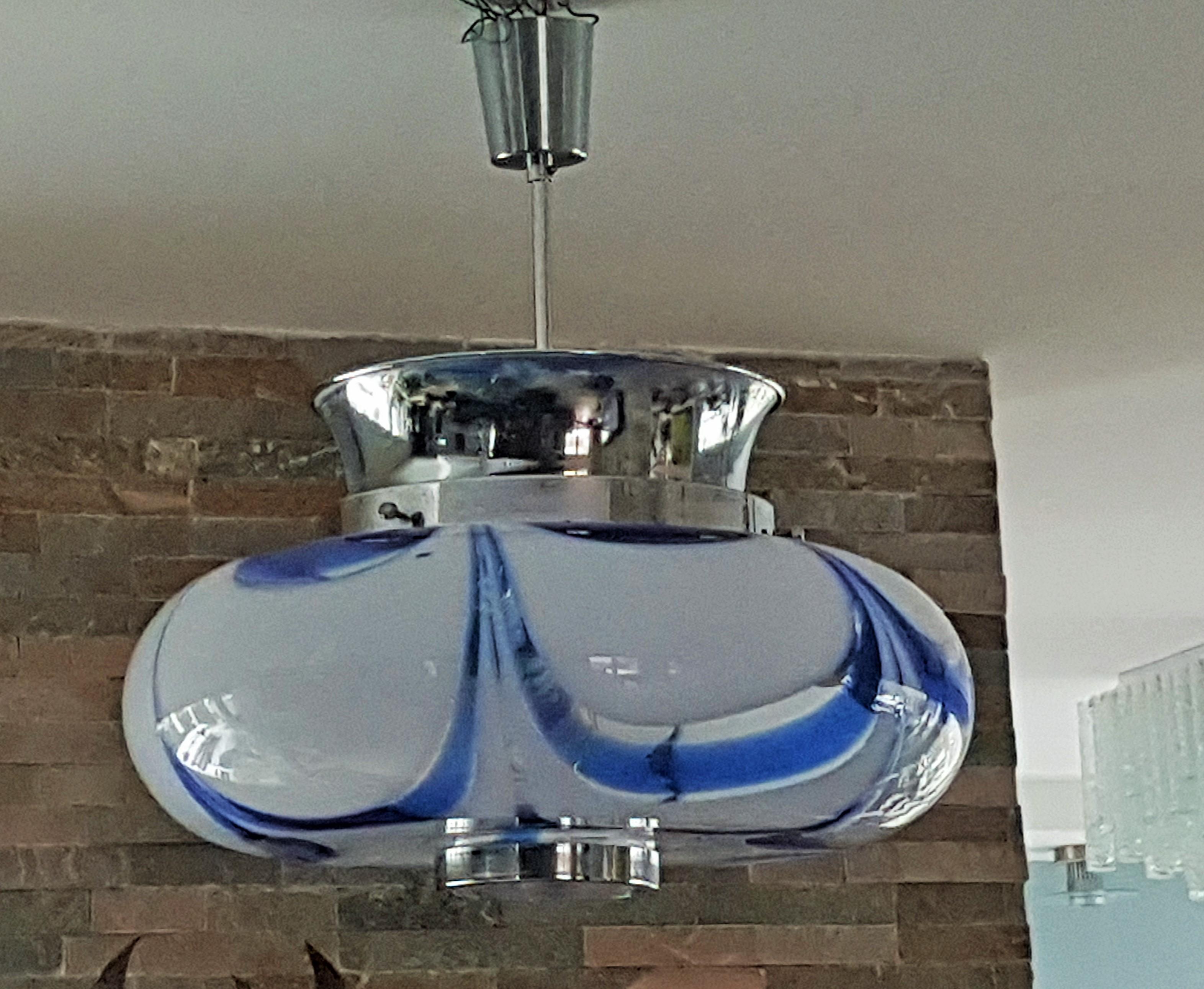 Mid-Century Mazzega Blue Glass and Chrome Chandelier, Pendant, Italy 1960 For Sale 9