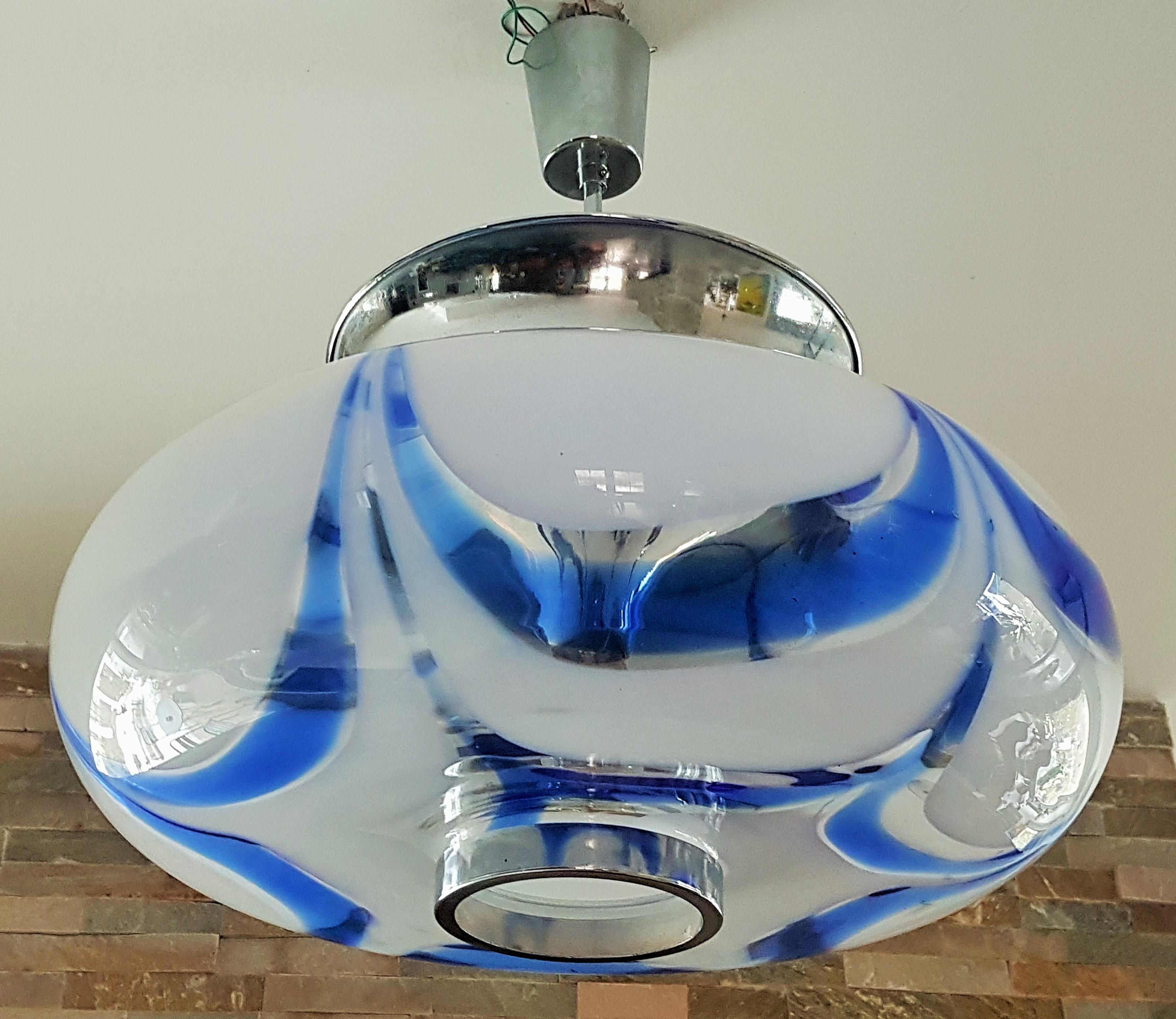 Mid-Century Mazzega Blue Glass and Chrome Chandelier, Pendant, Italy 1960 In Good Condition For Sale In Saarbruecken, DE