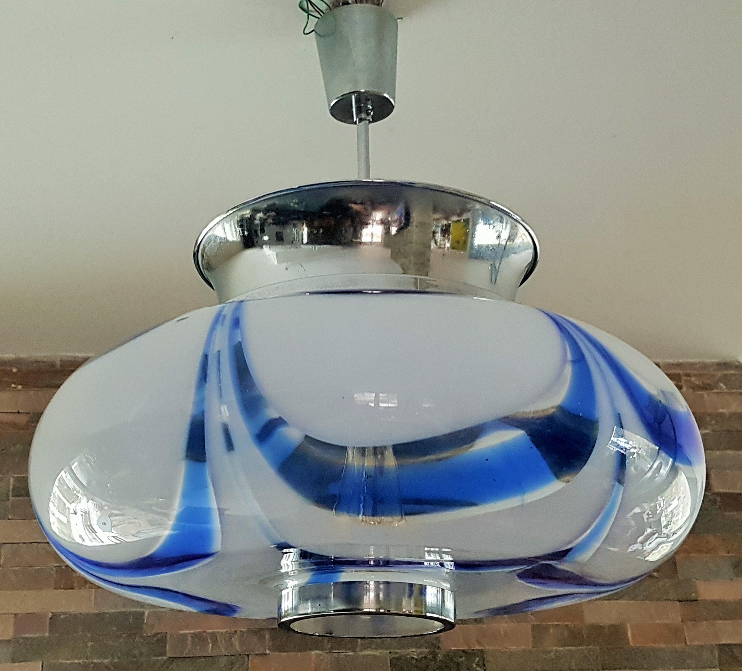 Art Glass Mid-Century Mazzega Blue Glass and Chrome Chandelier, Pendant, Italy 1960 For Sale