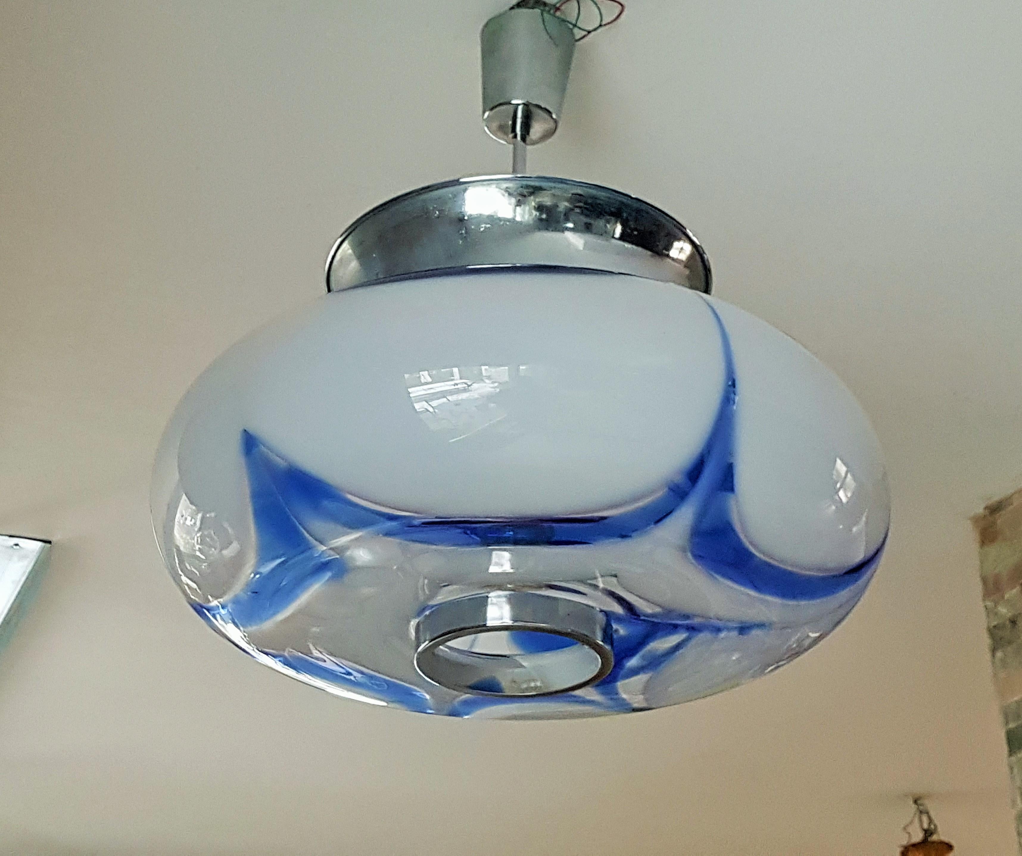 Mid-Century Mazzega Blue Glass and Chrome Chandelier, Pendant, Italy 1960 For Sale 2