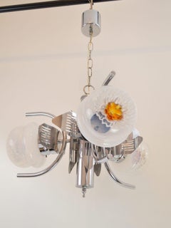 Midcentury Mazzega Murano Glass and Chrome Chandelier, Italy, circa 1960