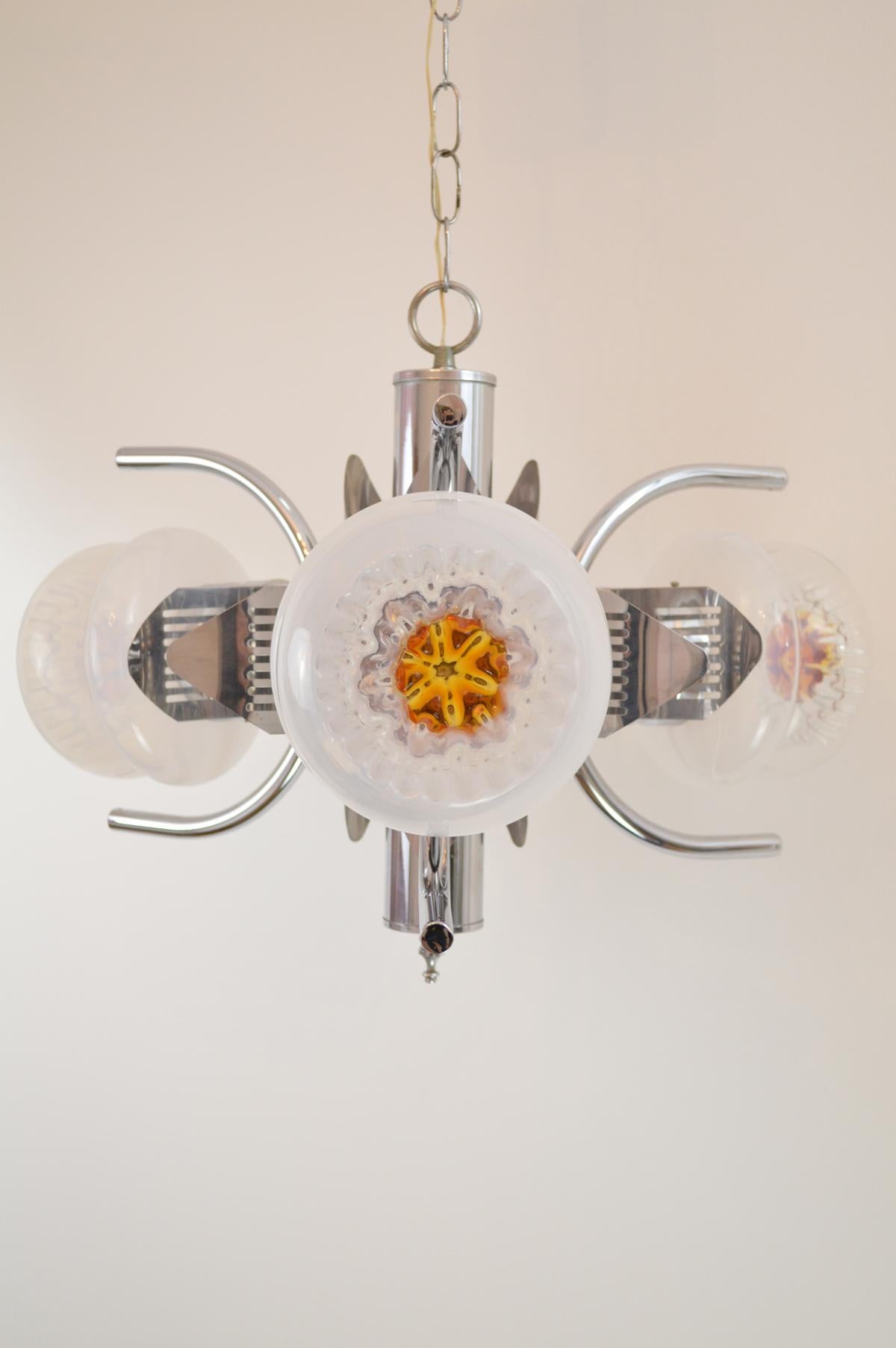 Mid-20th Century Midcentury Mazzega Murano Glass and Chrome Chandelier, Italy, circa 1960 For Sale