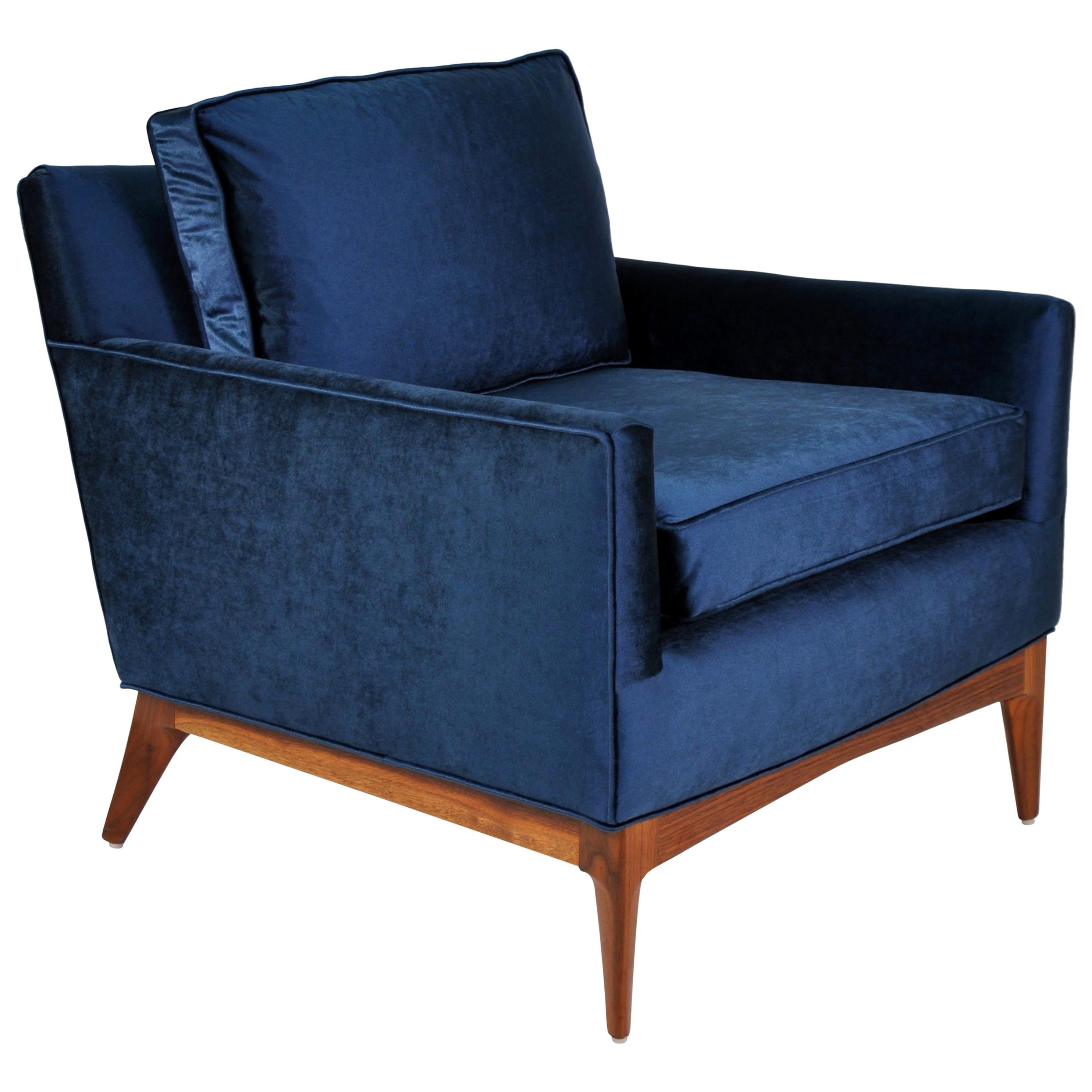 Mid-Century McCobb Style Blue Velvet and Walnut Lounge Chair, 1960s