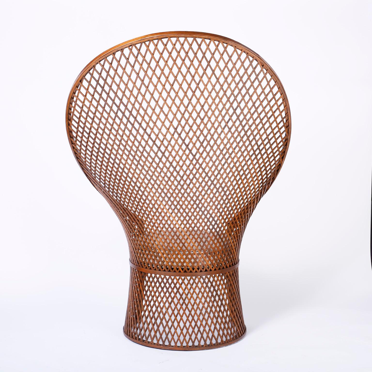 American Midcentury McGuire High Back Wood Strip Peacock Chair