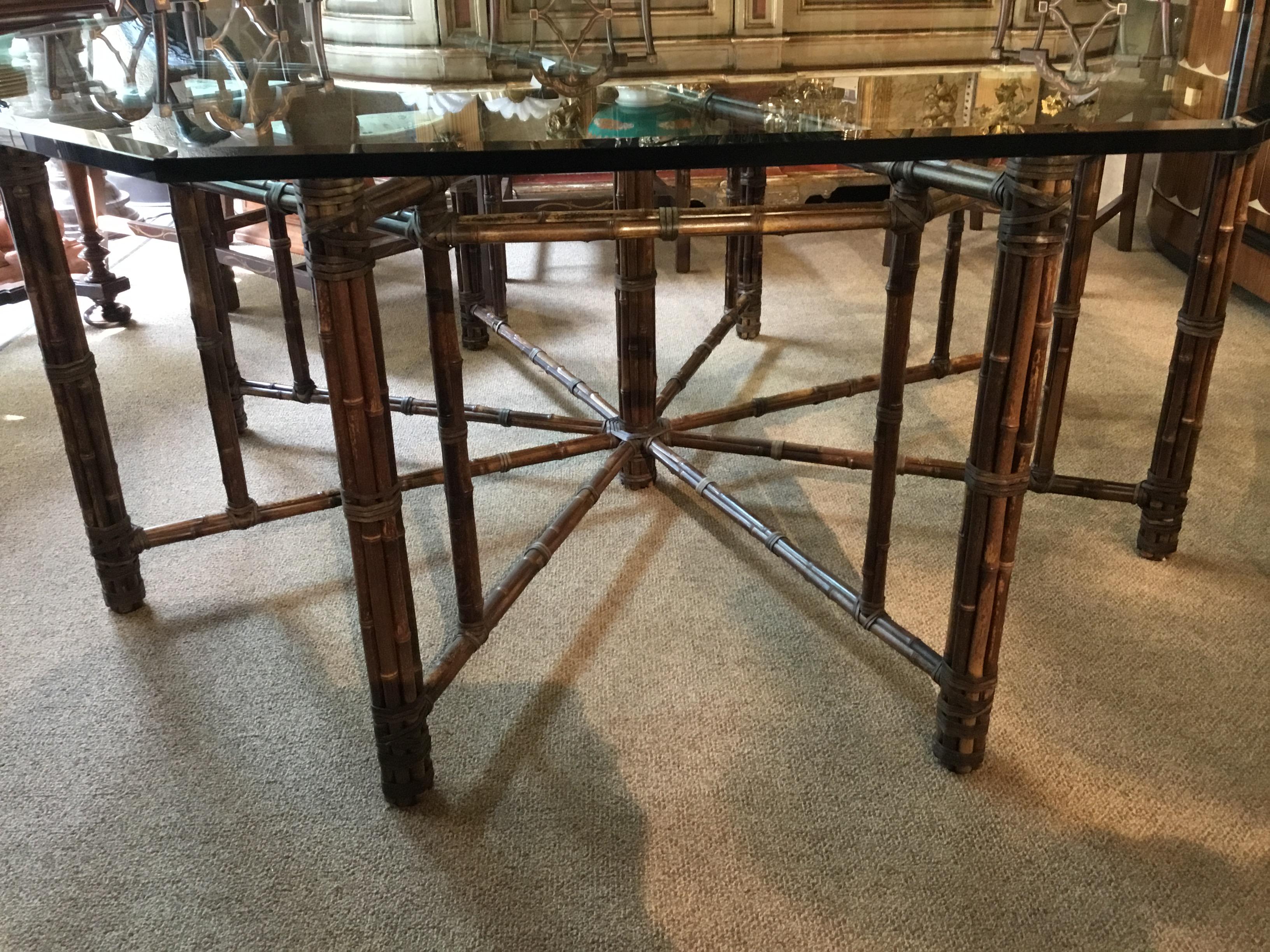 Midcentury McGuire Reeded Bamboo Table with Octagonal Beveled Glass Top 1