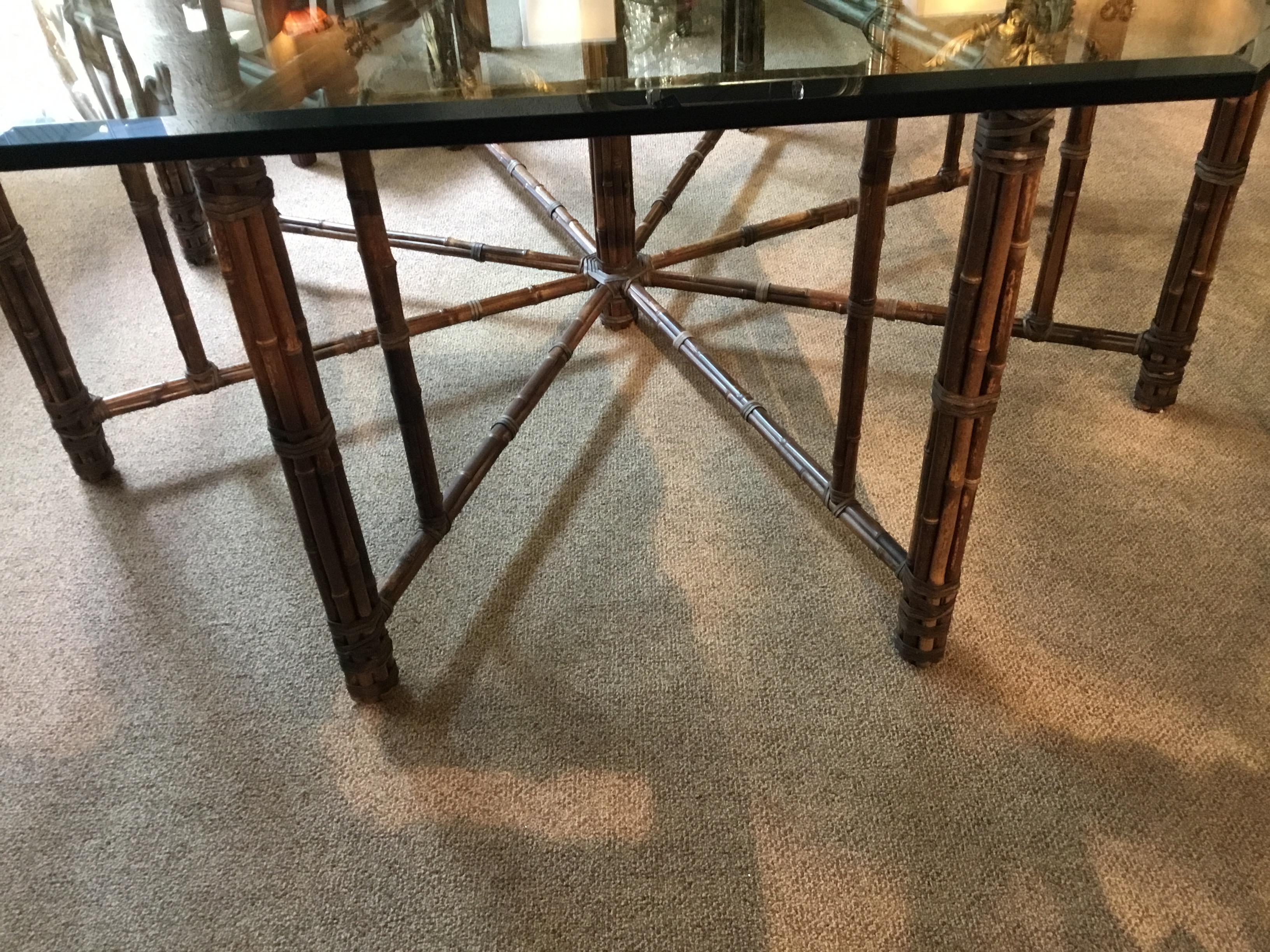 Midcentury McGuire Reeded Bamboo Table with Octagonal Beveled Glass Top 2