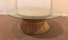 Mid Century McGuire Round Bamboo Wheat Sheaf Glass Coffee Table