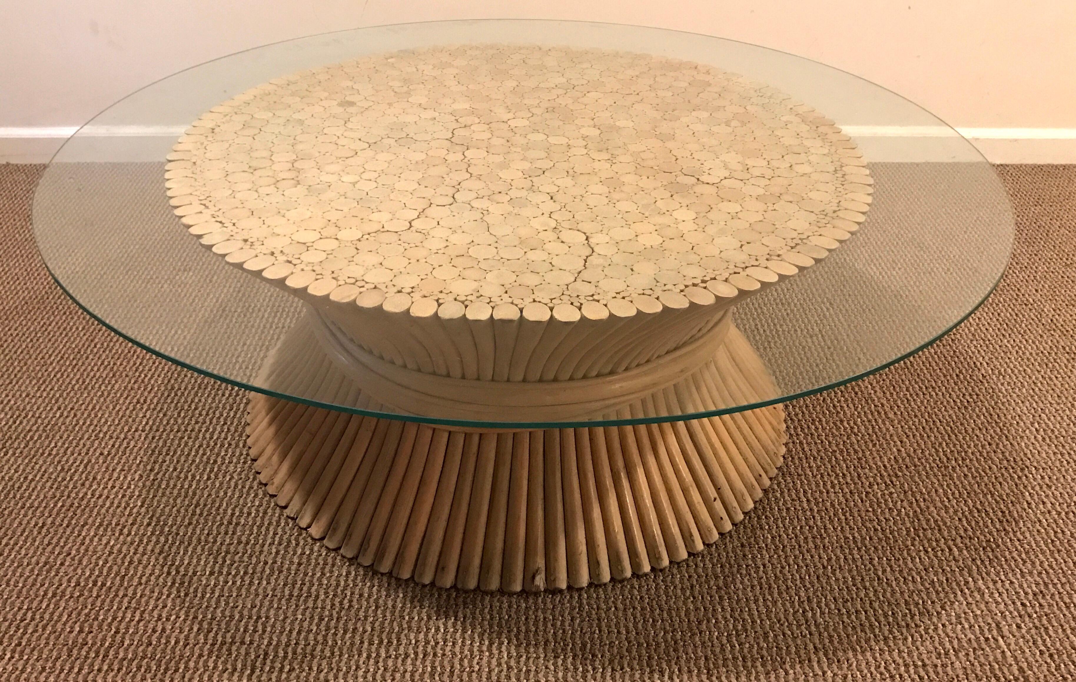 Mid-Century Modern Mid Century McGuire Round Bamboo Wheat Sheaf Glass Coffee Table