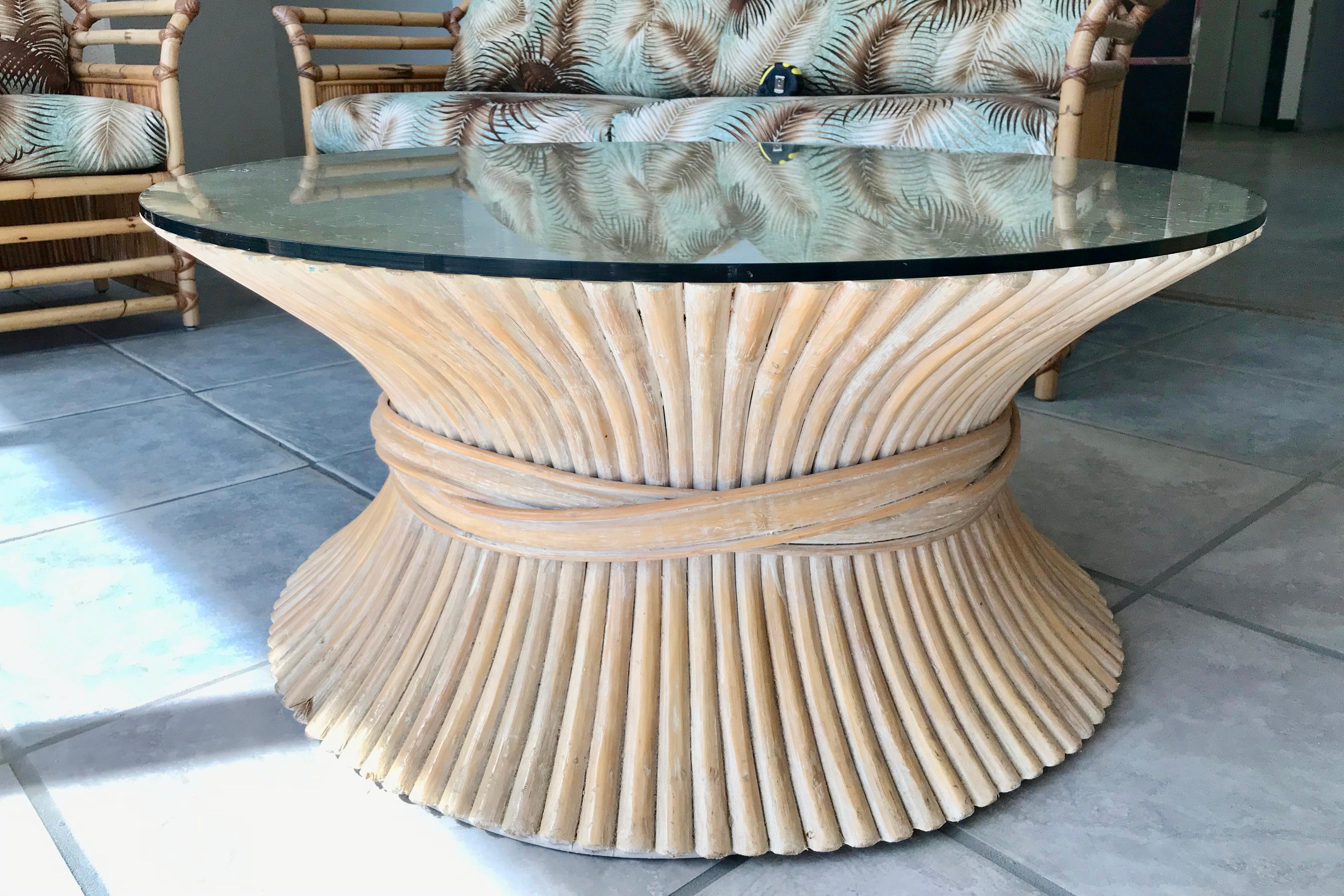 American Midcentury McGuire Style Round Rattan Coffee Table