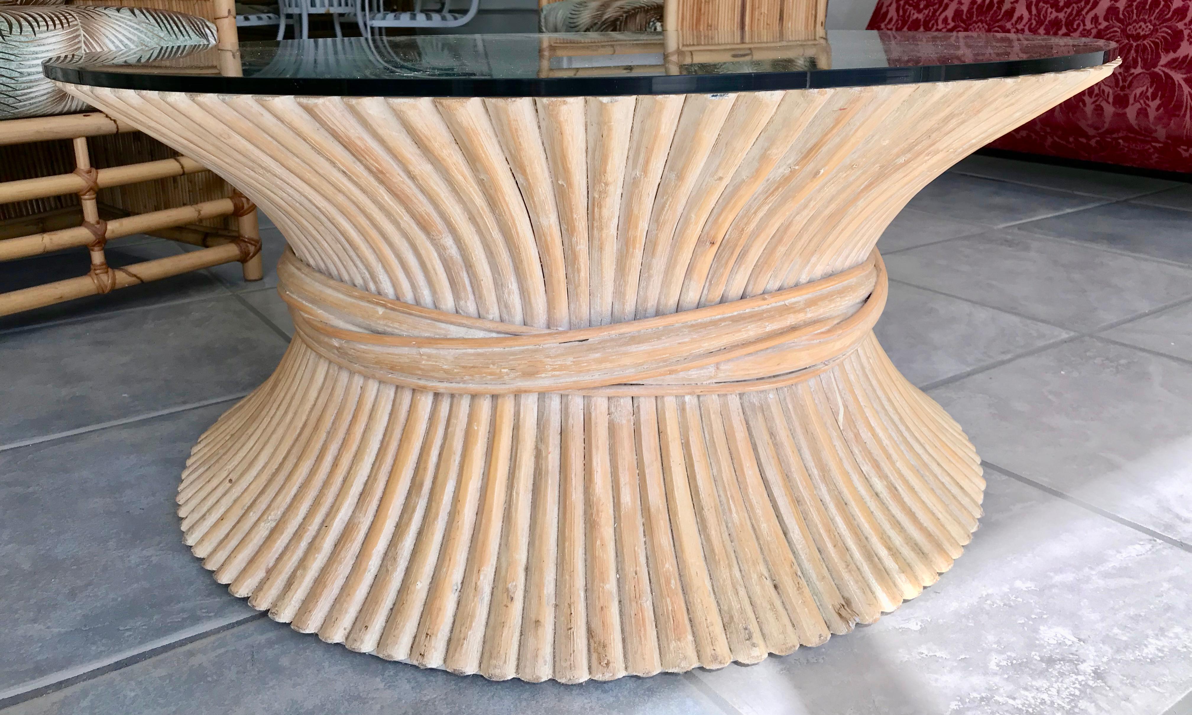 Late 20th Century Midcentury McGuire Style Round Rattan Coffee Table