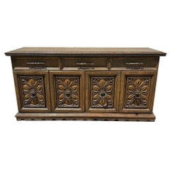 Mid Century Mediterranean Revival Carved Oakwood Buffet Cabinet