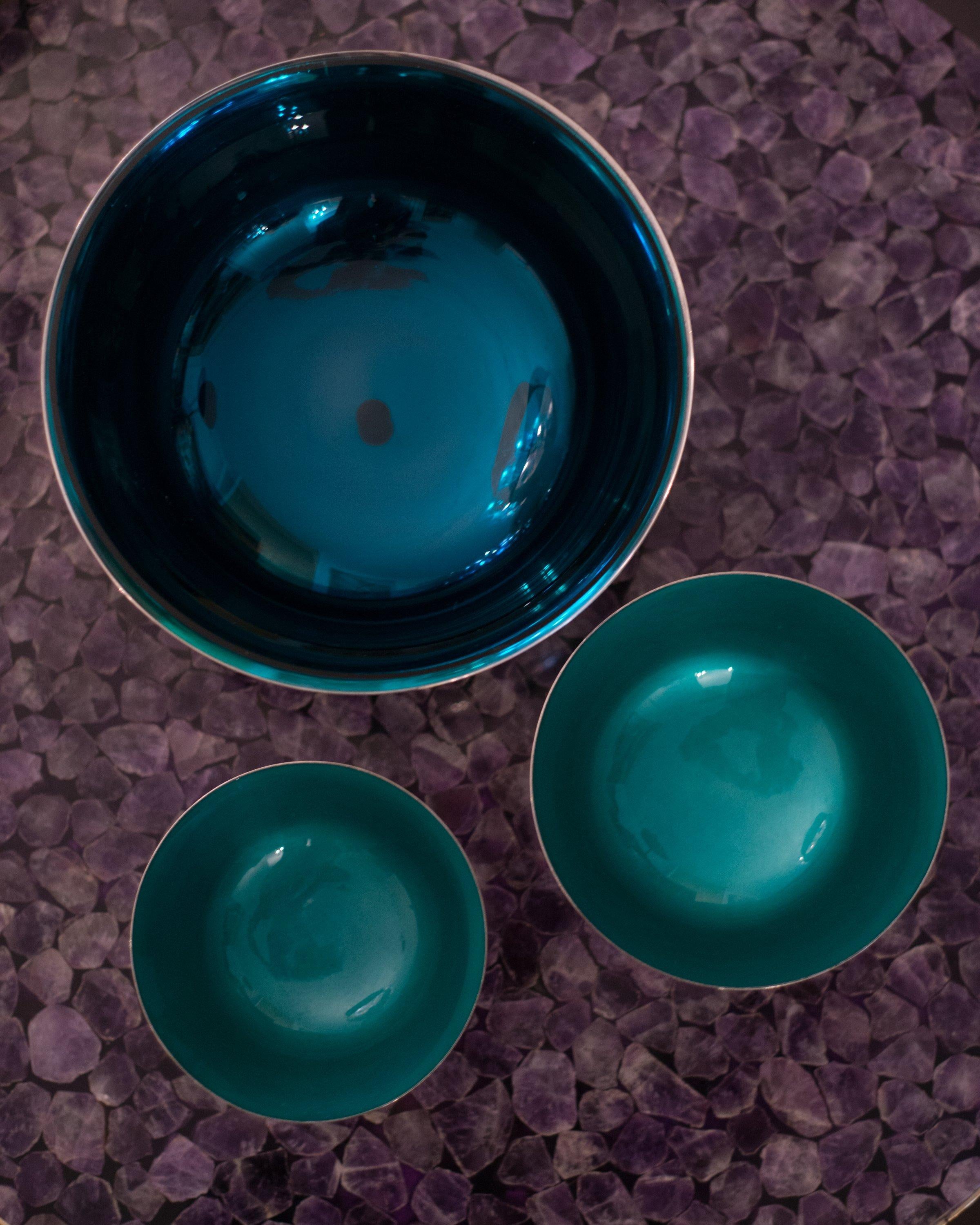 American Mid-Century Medium Teal Blue Enamel Lined Sterling Silver Bowl