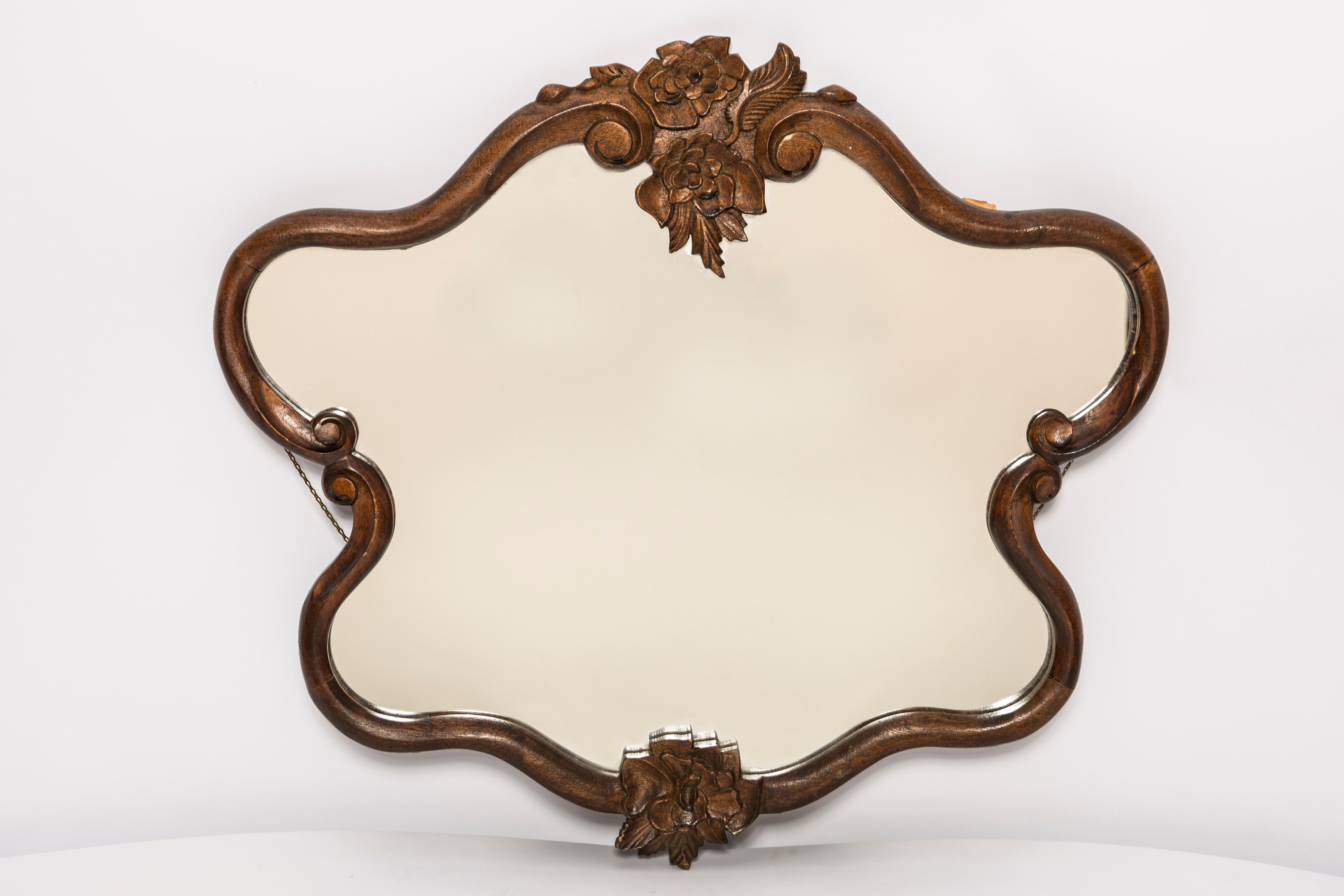 Midcentury Medium Vintage Dark Brown Wood Mirror Flowers, Europe, 1960s For Sale 4