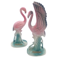 Mid-century "Meeting in Florida" Matching Ceramic Pink Flamingo Statues, Pair