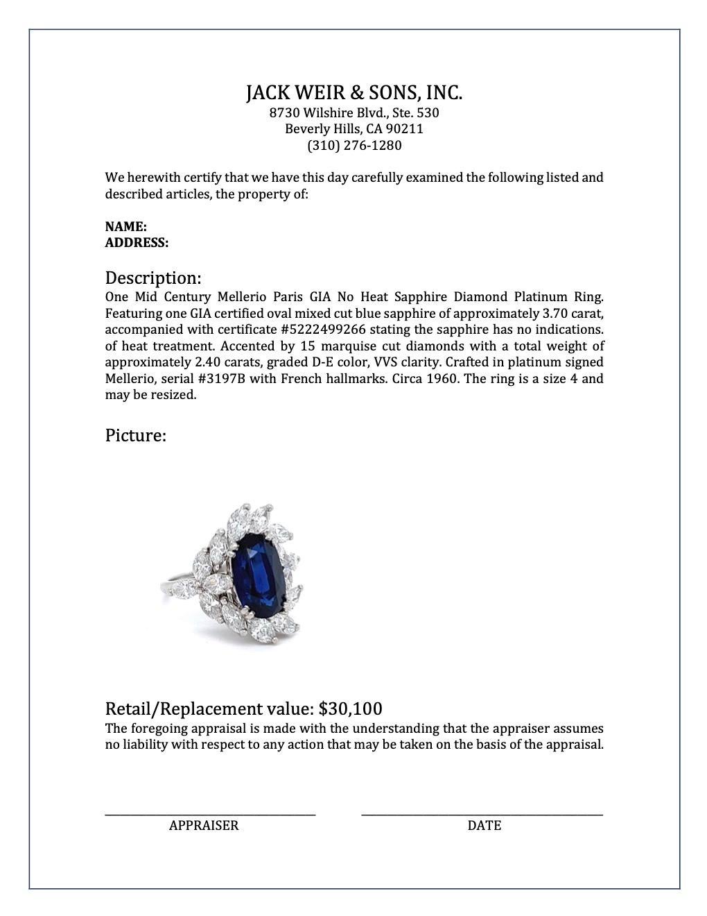 Mid Century Mellerio Paris GIA No Heat Sapphire Diamond Platinum Ring 4