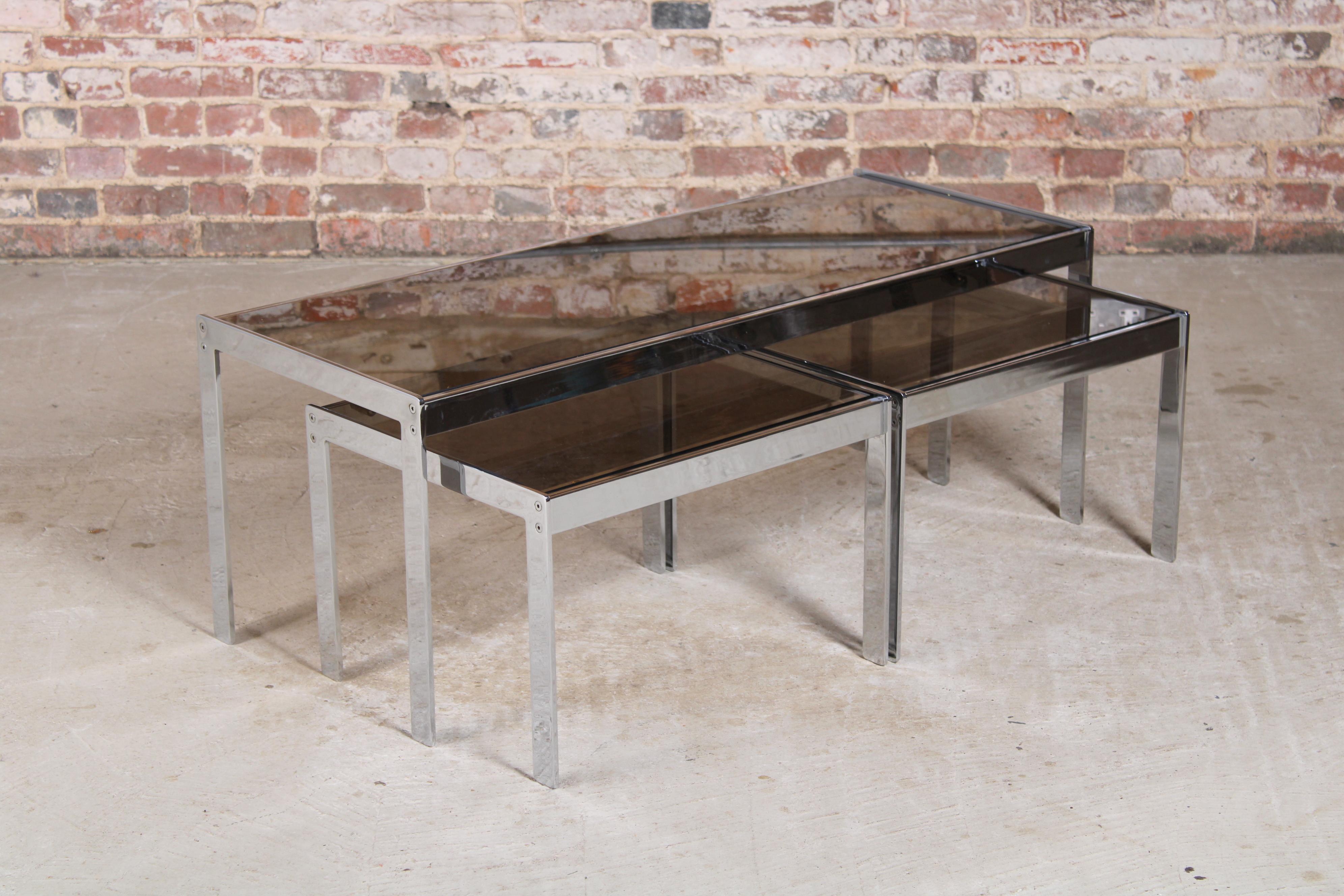Mid Century Merrow Associates Chrome and Smoked Glass Nest of Tables In Good Condition In Surrey, GB