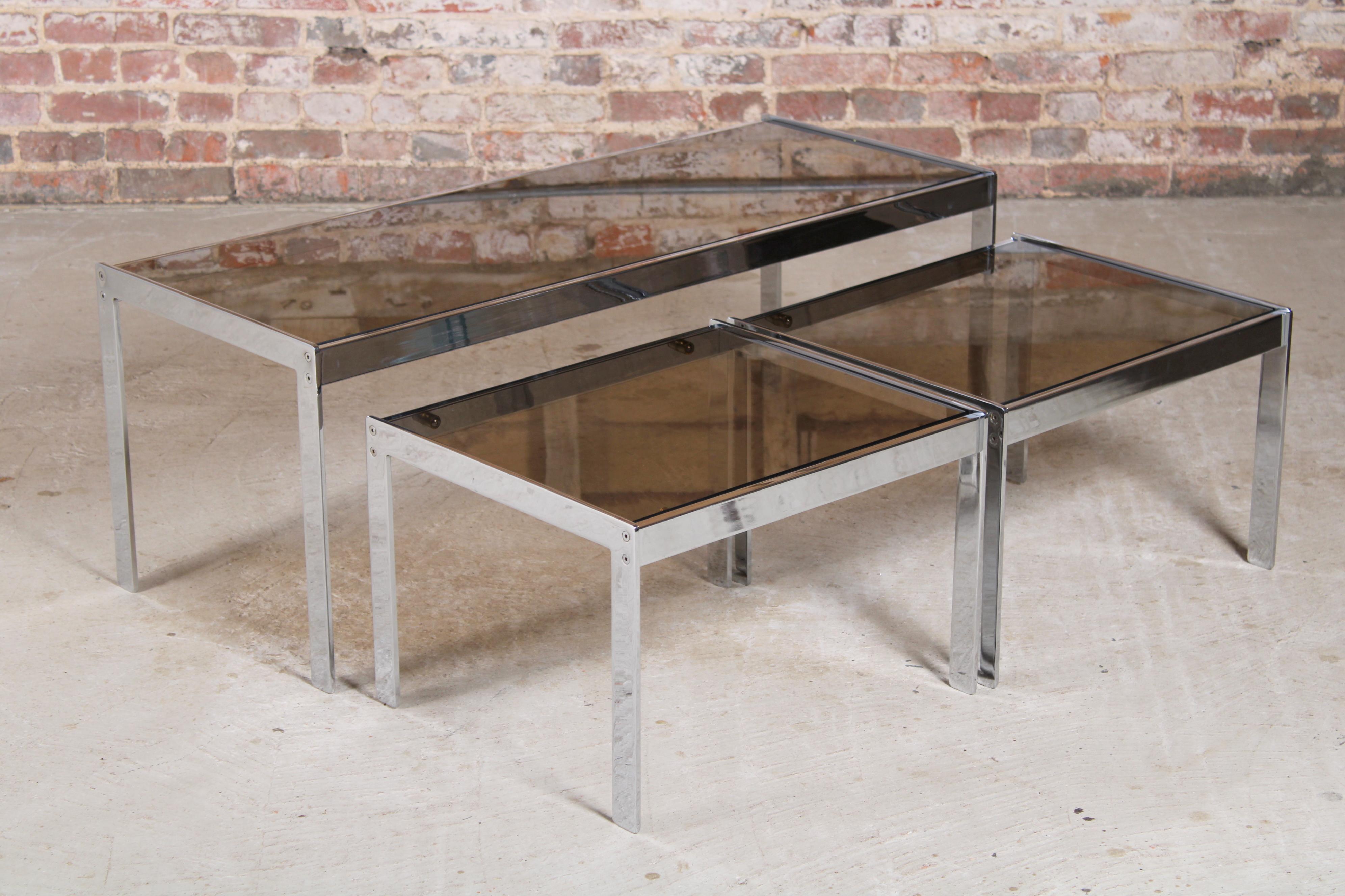 20th Century Mid Century Merrow Associates Chrome and Smoked Glass Nest of Tables