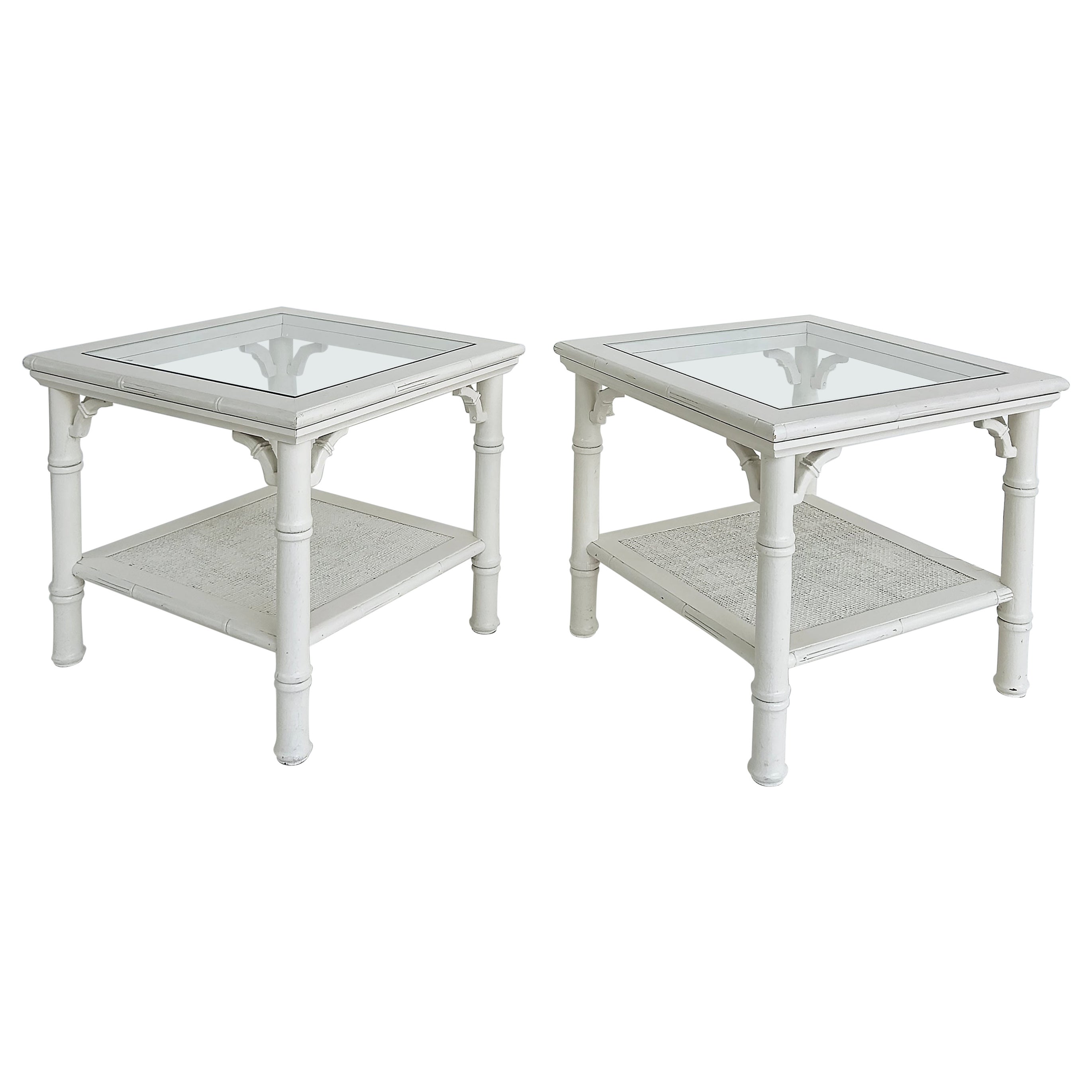 Mid-Century Mersman Faux Bamboo Caned Side Tables with Glass Tops, a Pair