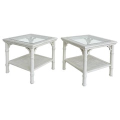 Mid-Century Mersman Faux Bamboo Caned Side Tables with Glass Tops, a Pair