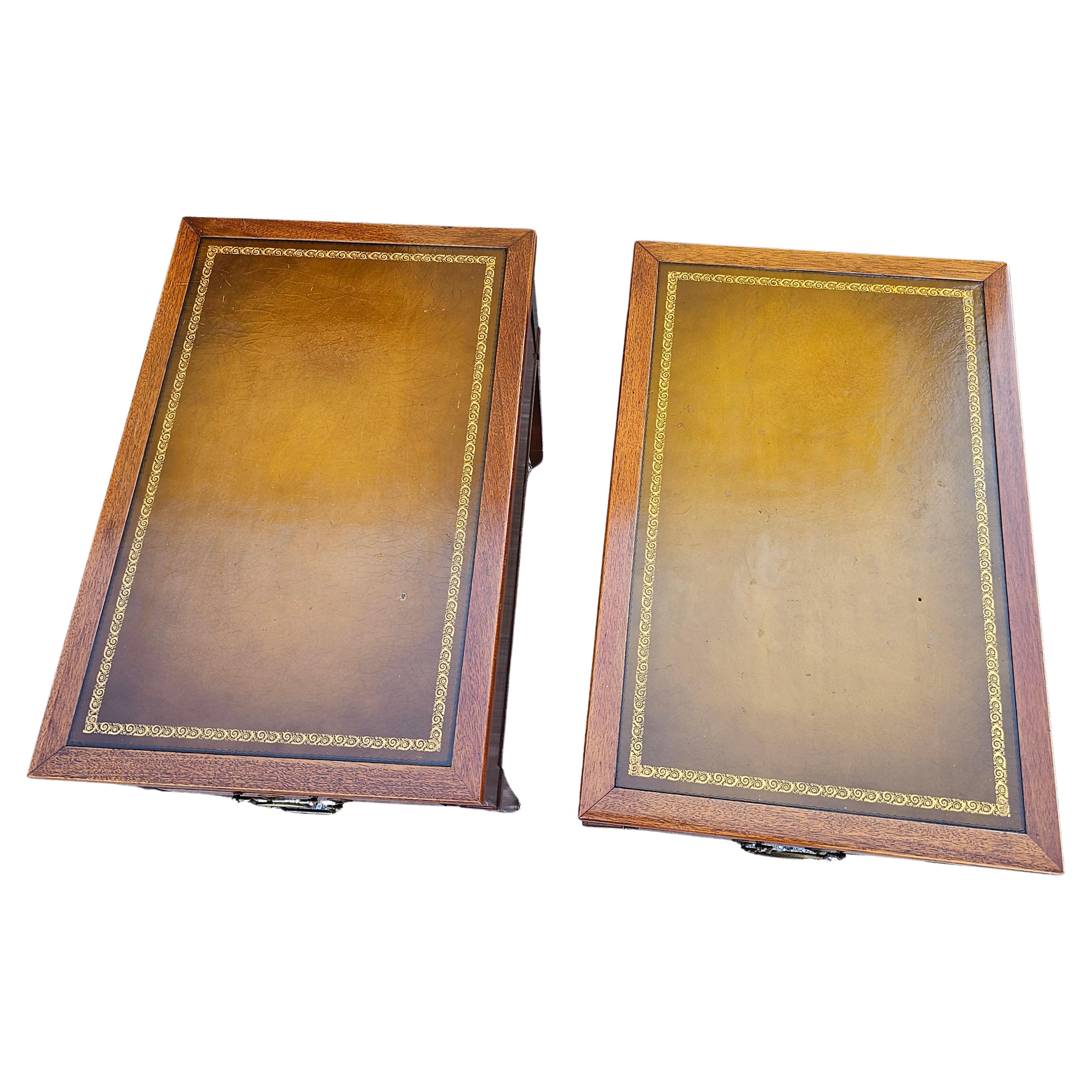 20th Century Mid-Century Mersman Mahogany and Stenciled Leather Top Side Tables, Pair For Sale