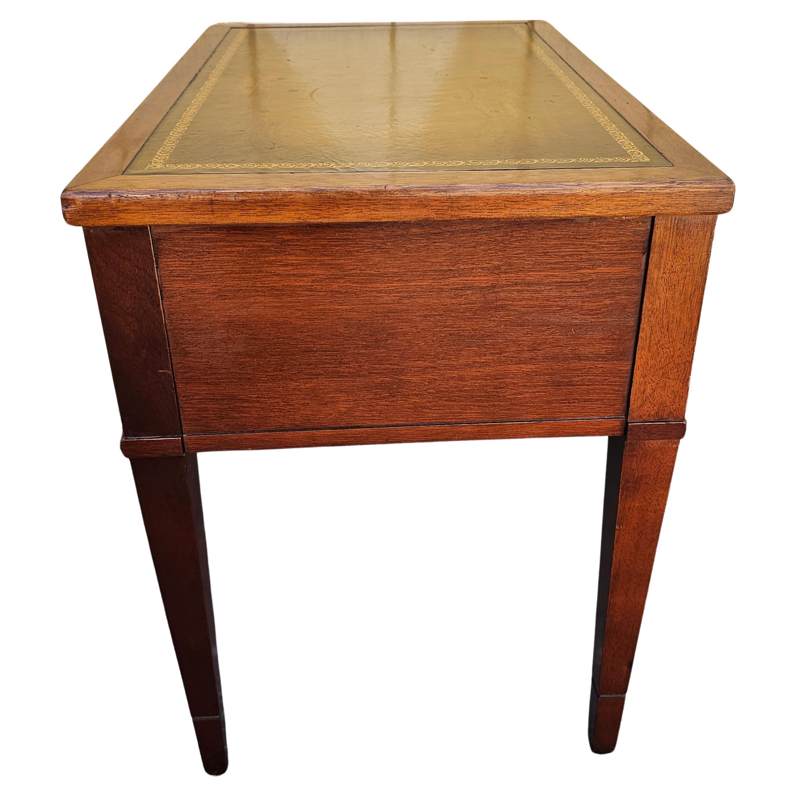 American Mid-Century Mersman Mahogany and Stenciled Leather Top Side Tables, Pair For Sale