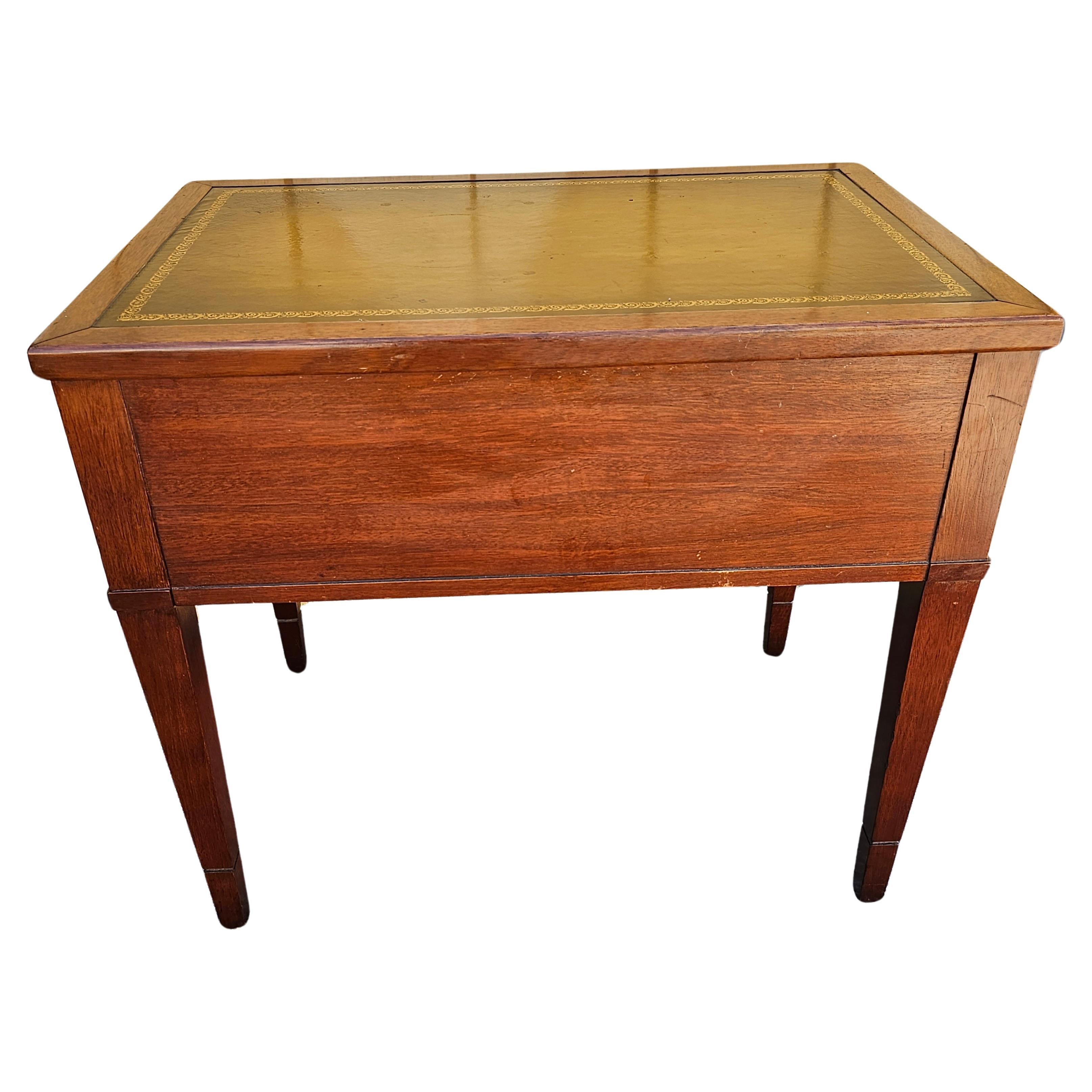 Stained Mid-Century Mersman Mahogany and Stenciled Leather Top Side Tables, Pair For Sale