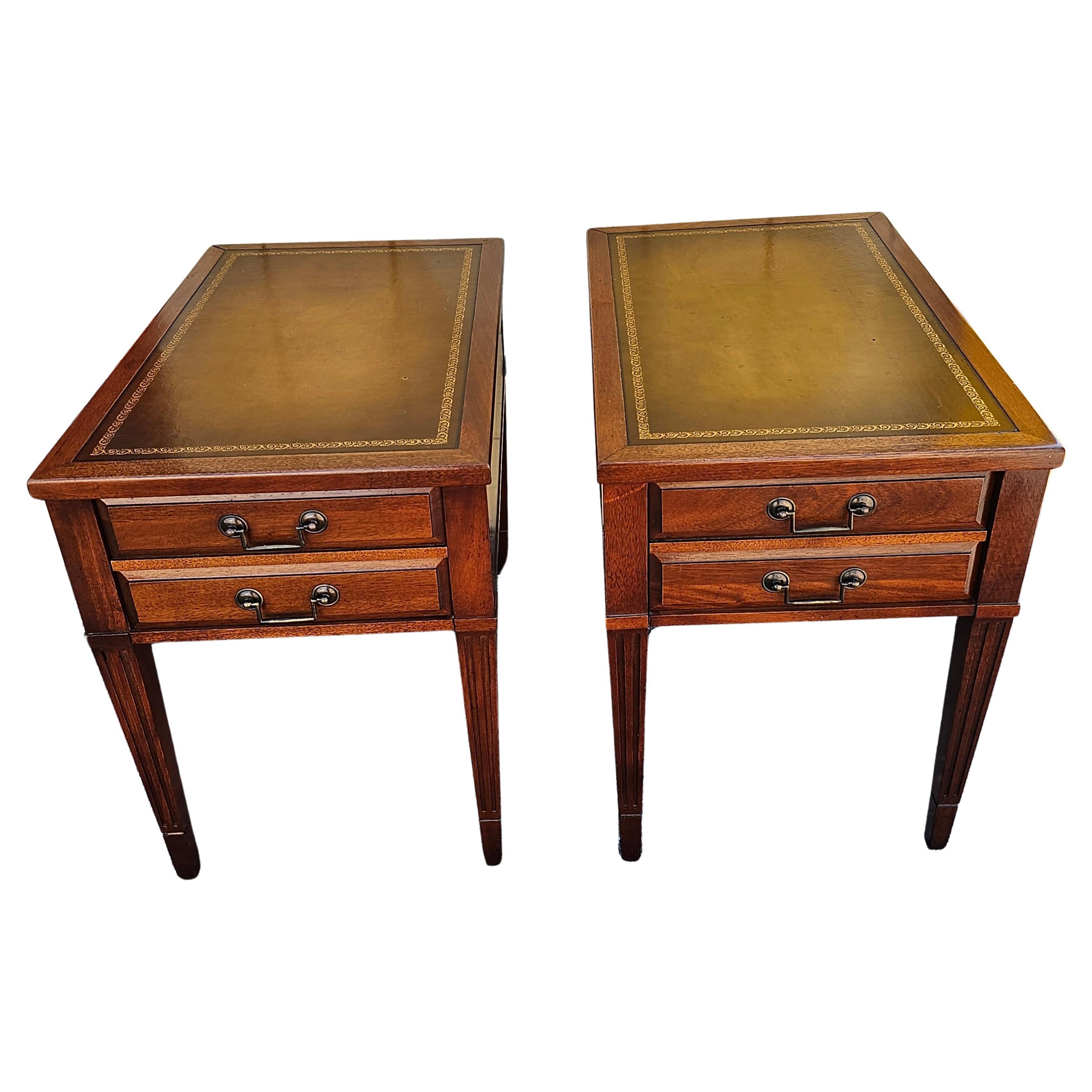 Mid-Century Mersman Mahogany and Stenciled Leather Top Side Tables, Pair