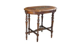 Tavolino decorativo in stile vittoriano revival di metà secolo, firma Mersman, in radica di noce con intarsi ovali, 30"