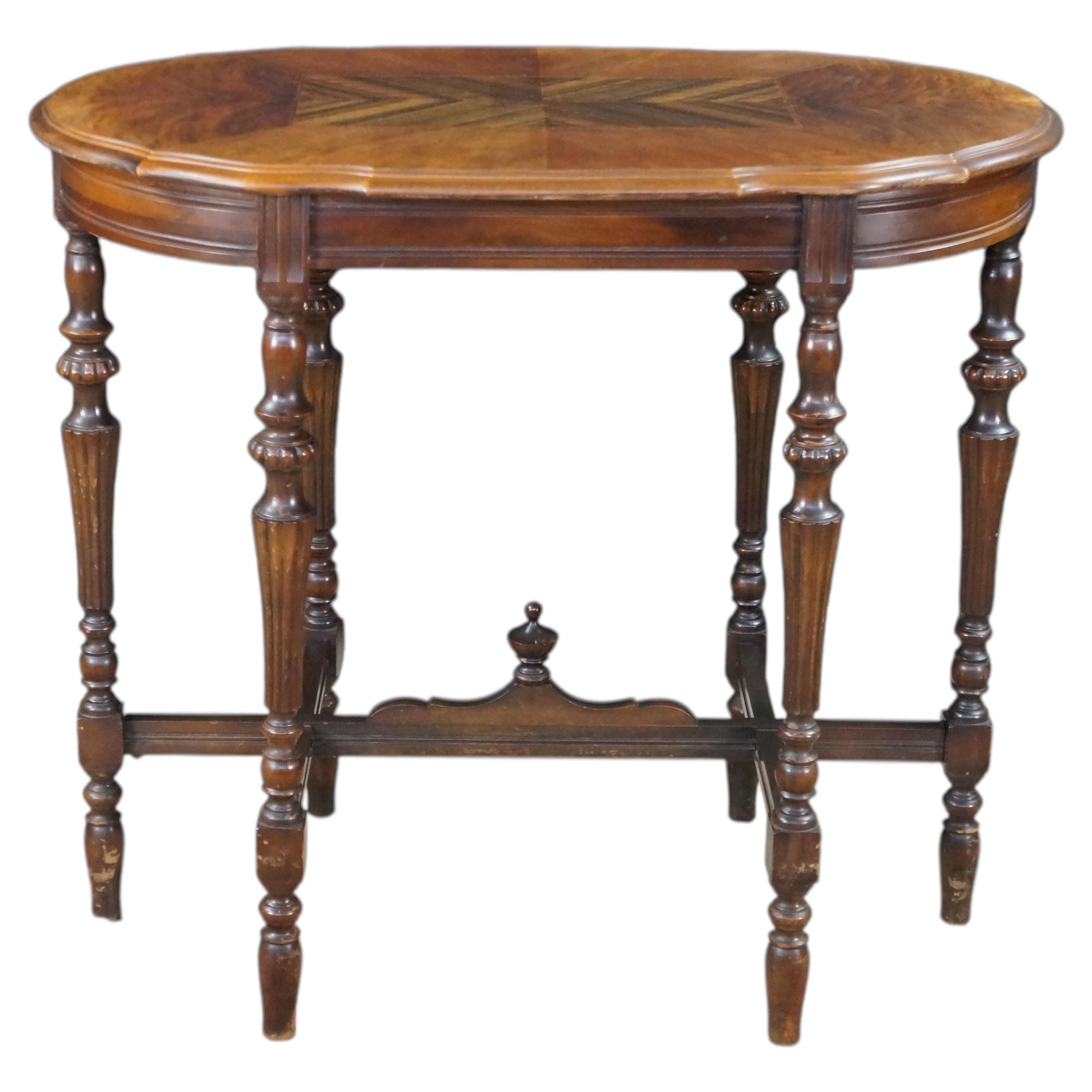Mid Century Mersman Victorian Revival Walnut Burl Oval Inlaid Accent Table 30"