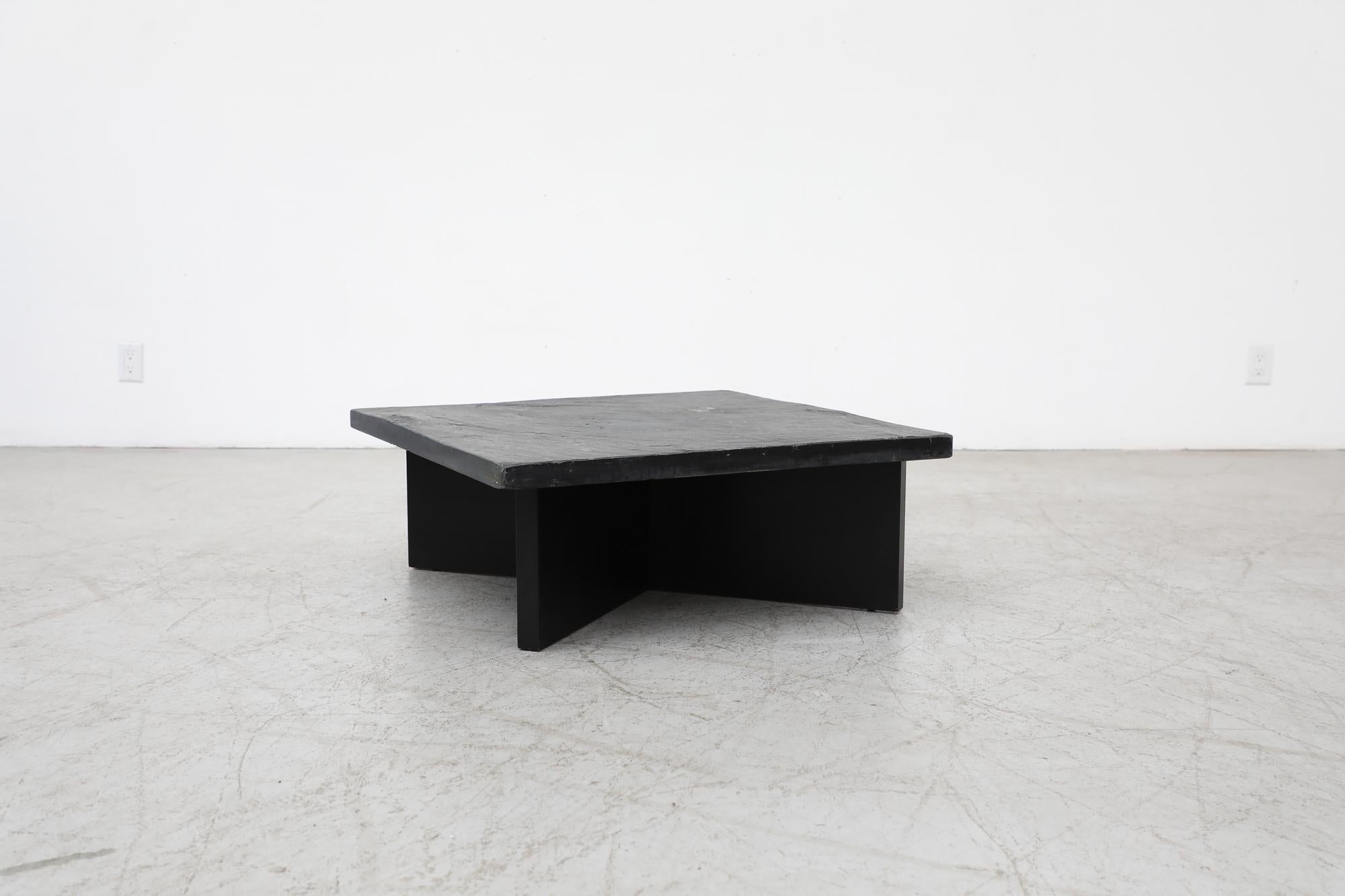 Mid-Century Metaform 'Attributed' stone Coffee Table with Black Wooden x Base In Good Condition For Sale In Los Angeles, CA