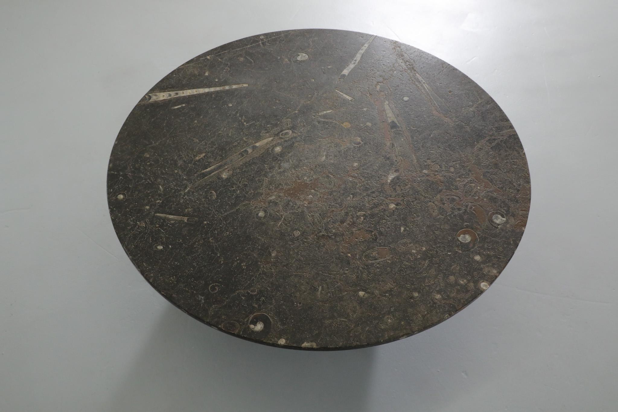 Metal Mid-Century Metaform Style Round Fossil Stone Coffee Table