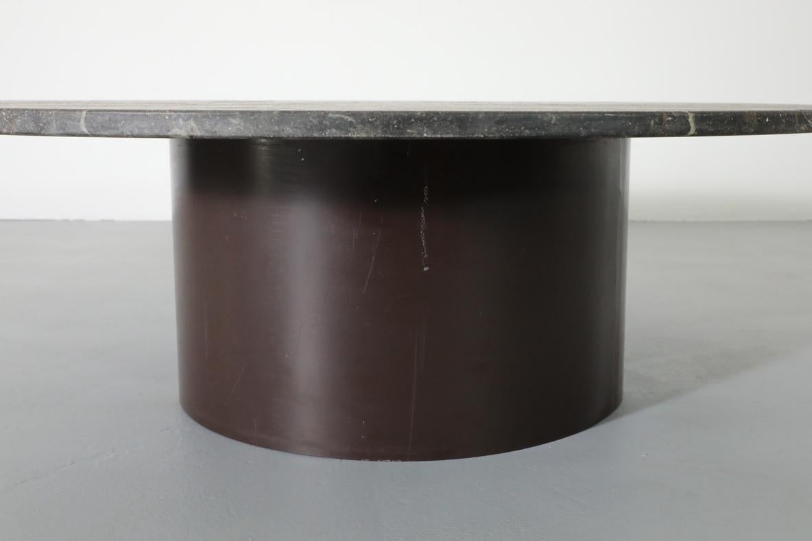Mid-Century Metaform Style Round Fossil Stone Coffee Table with Brown Base 3