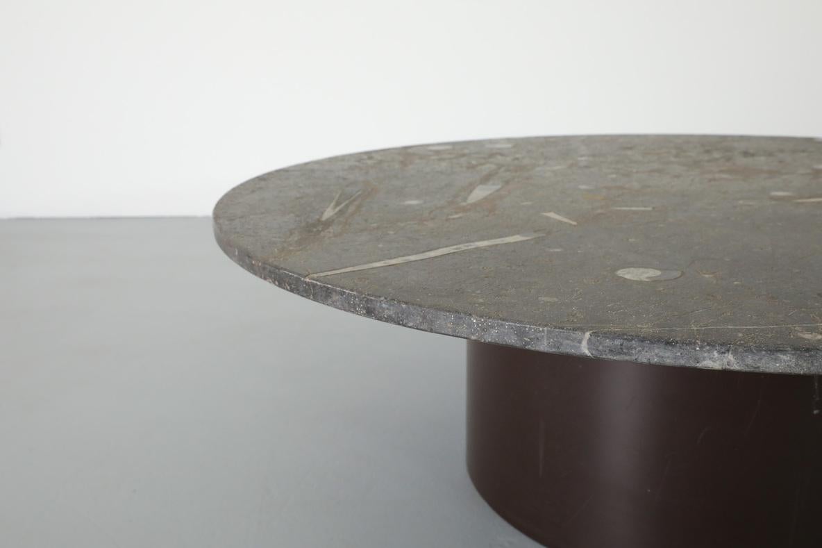 Mid-Century Metaform Style Round Fossil Stone Coffee Table with Brown Base 4