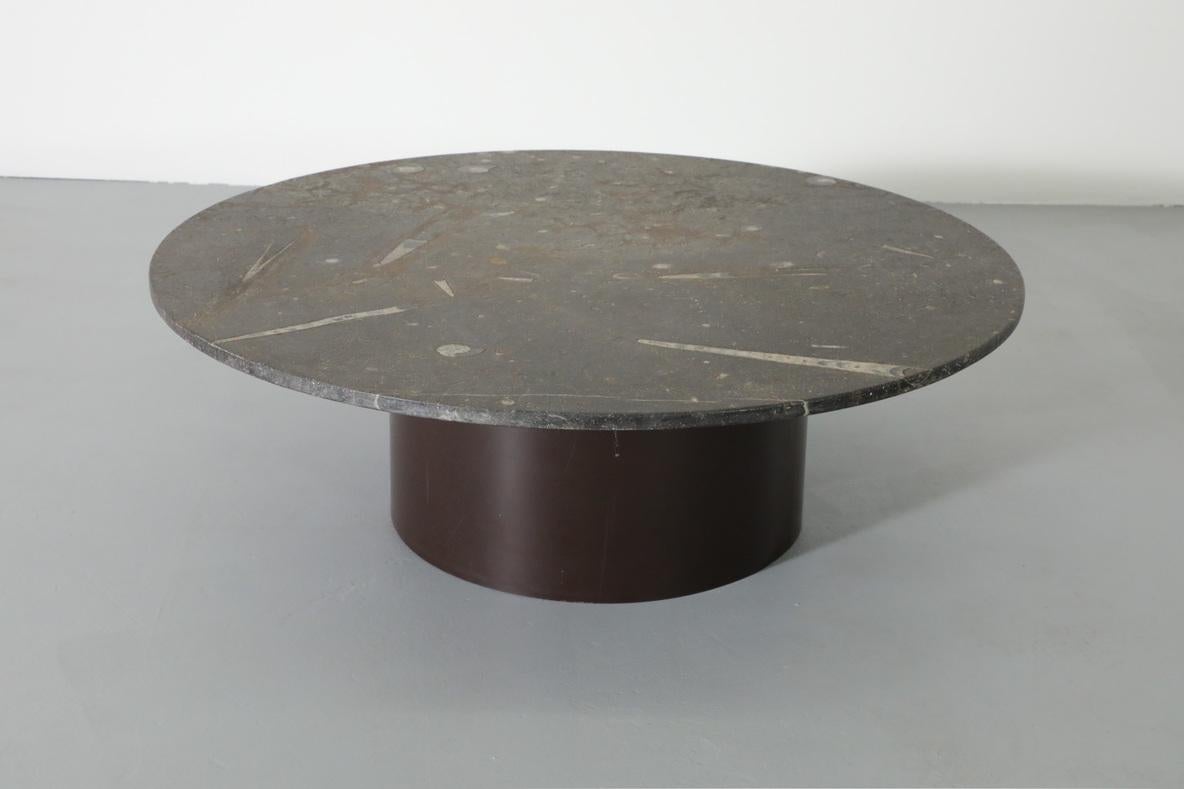 Mid-Century Metaform Style Round Fossil Stone Coffee Table with Brown Base 5
