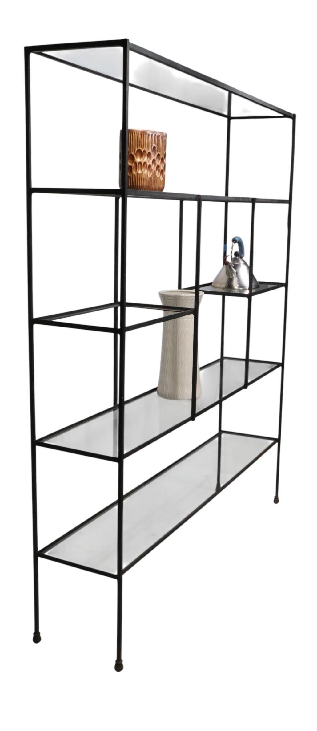 Mid Century Metal and Glass Freestanding Shelf Unit after Weinberg c 1950's For Sale 4