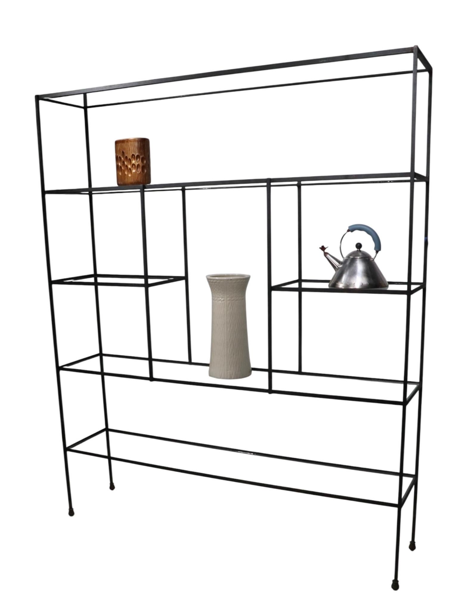 Mid Century Metal and Glass Freestanding Shelf Unit after Weinberg c 1950's For Sale 8