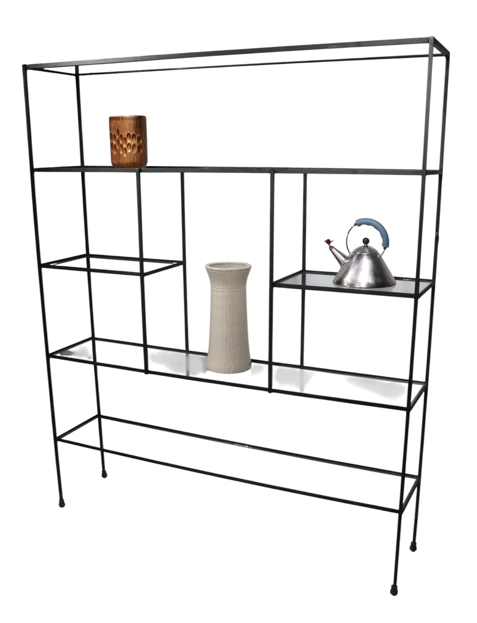 Mid Century Metal and Glass Freestanding Shelf Unit after Weinberg c 1950's For Sale 9