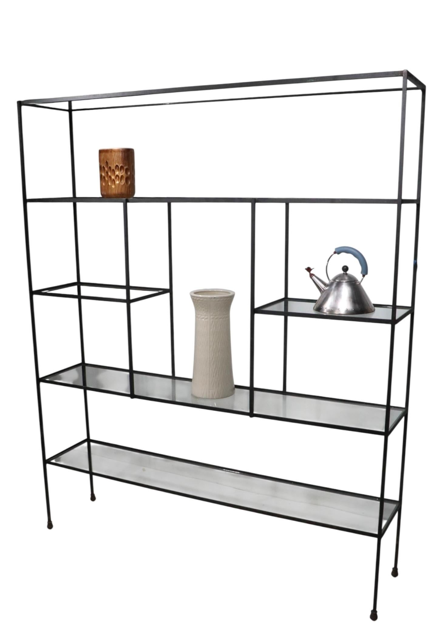Mid Century Metal and Glass Freestanding Shelf Unit after Weinberg c 1950's For Sale 10