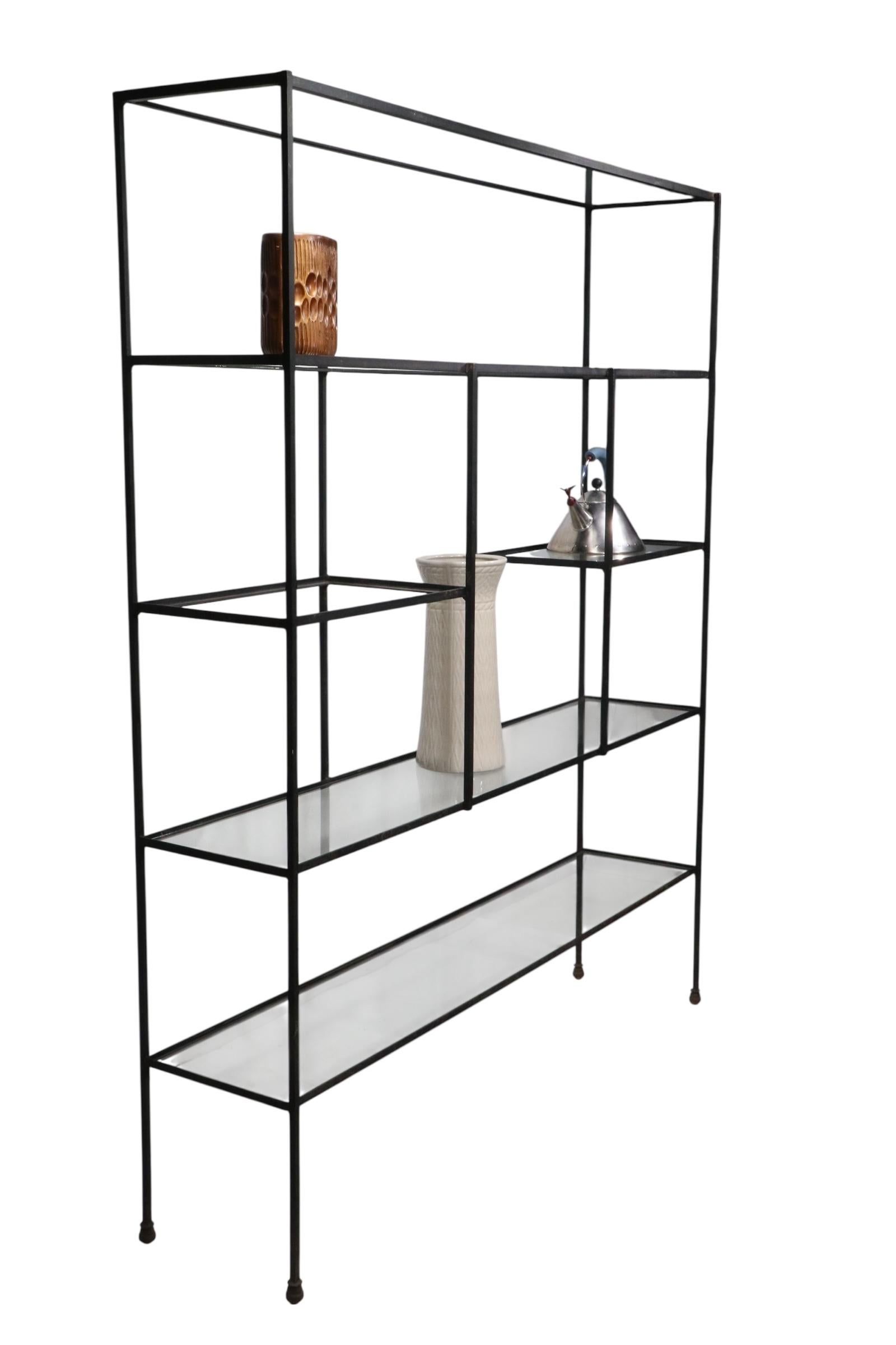 Mid Century Metal and Glass Freestanding Shelf Unit after Weinberg c 1950's For Sale 11