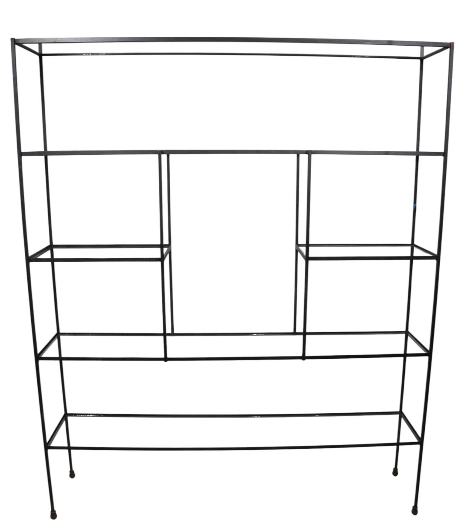 Mid Century Metal and Glass Freestanding Shelf Unit after Weinberg c 1950's For Sale 2