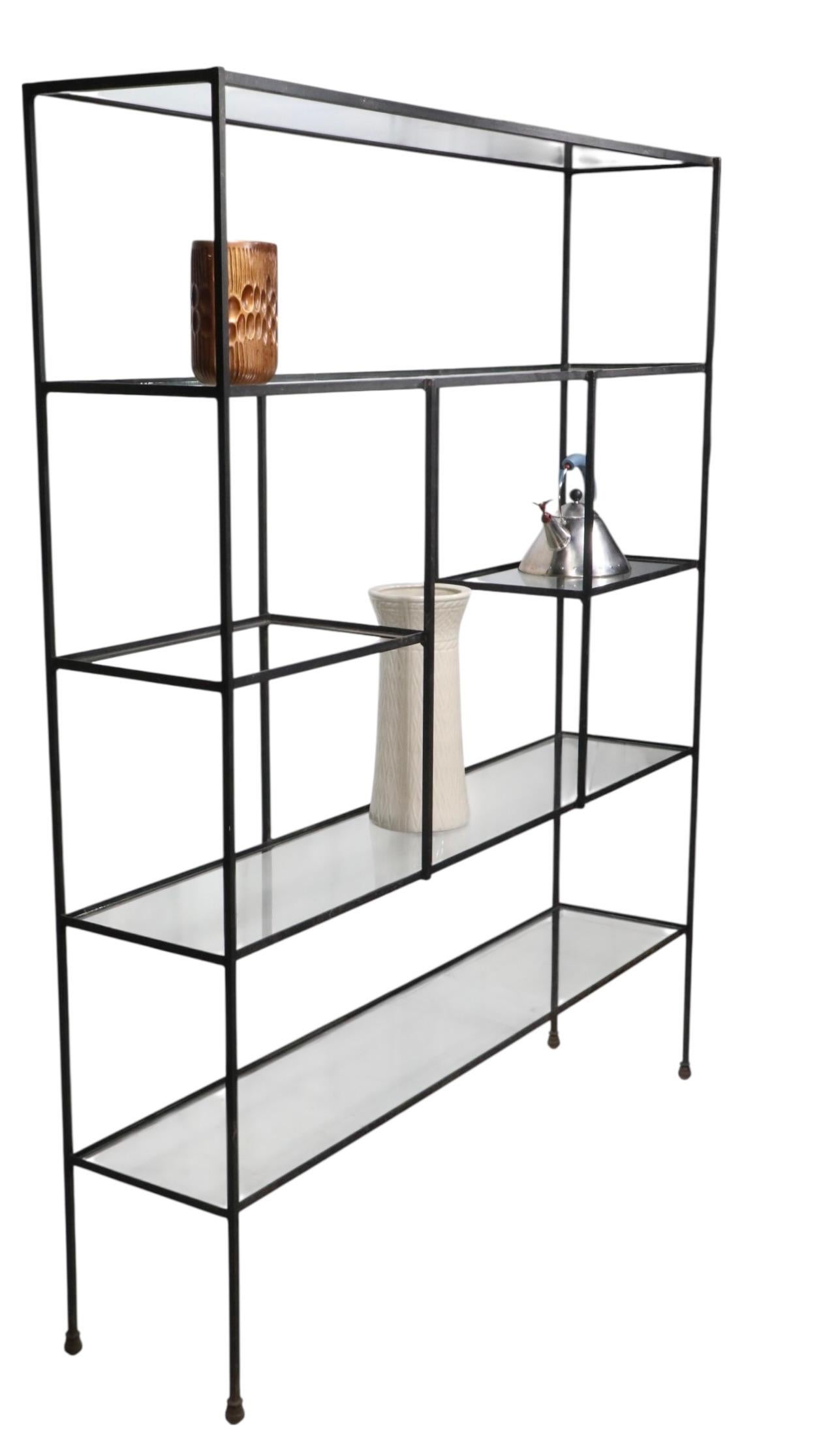 Mid Century Metal and Glass Freestanding Shelf Unit after Weinberg c 1950's For Sale 3