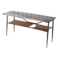 Vintage Mid-Century Metal and Wicker Console with Marble Top, France, 1950s