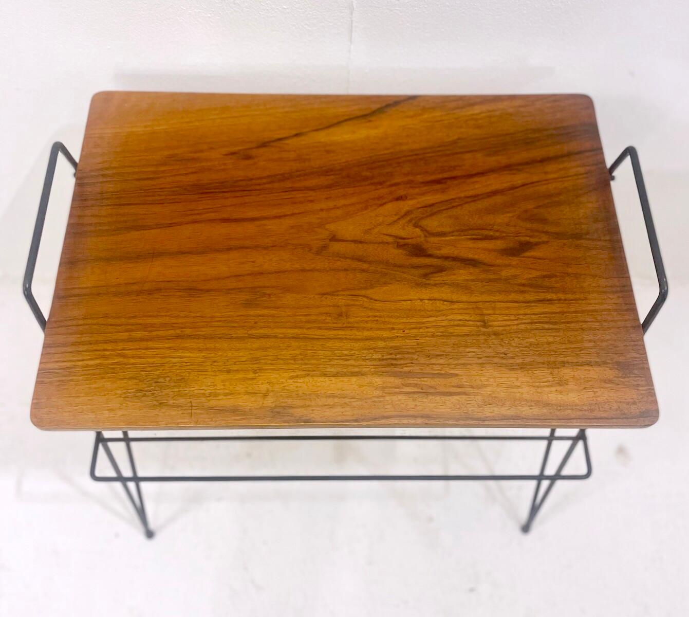 Mid-century metal and wood coffee table with magazine holder - Italy, 1950s.