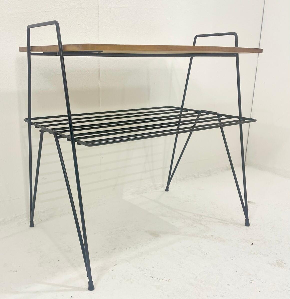 Mid-20th Century Mid-Century Metal and Wood Coffee Table with Magazine Holder, Italy, 1950s For Sale