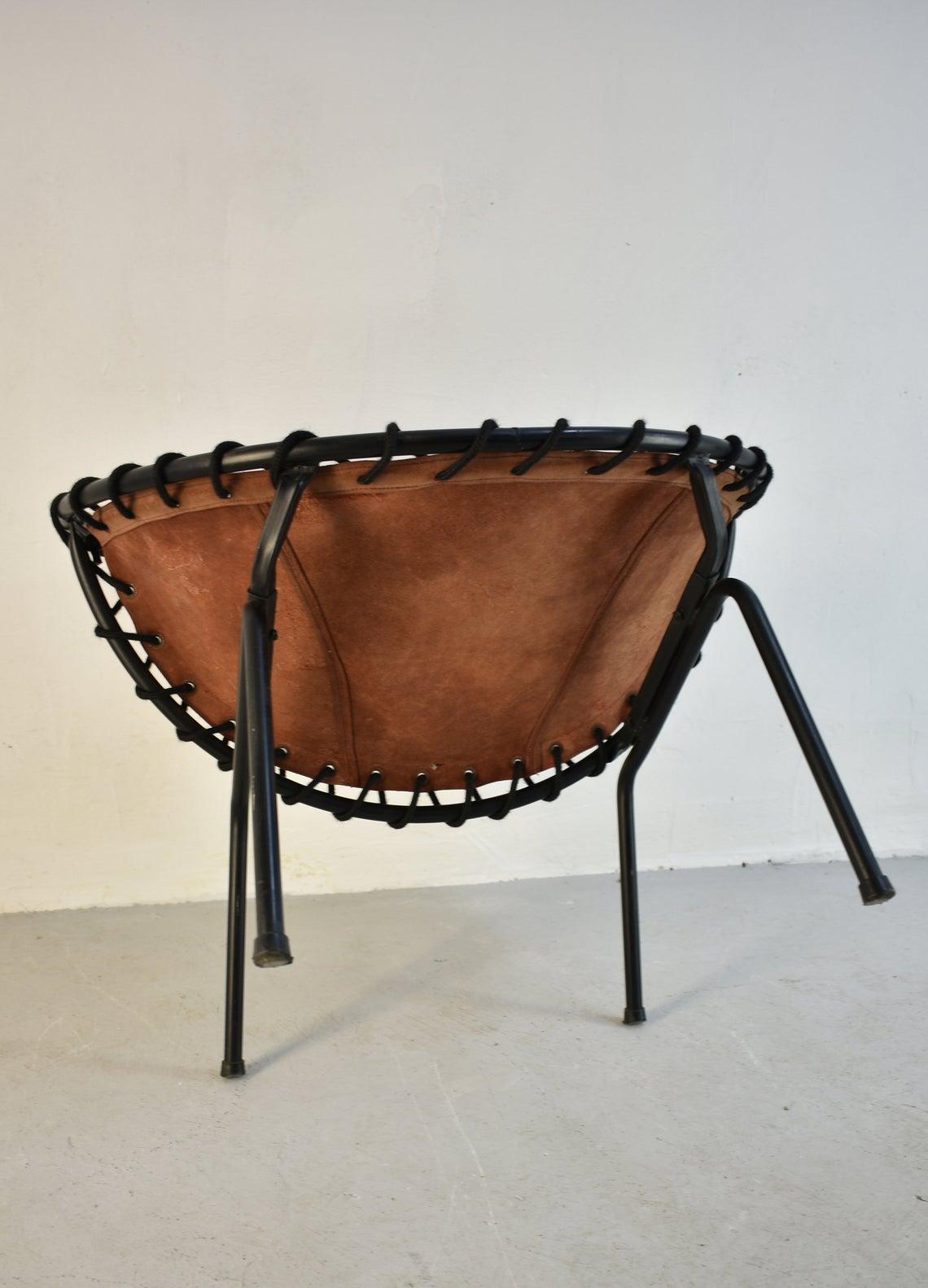 Mid-Century Modern Midcentury Metal Basket Shaped Lounge Chair with Brushed Leather Seat, 1960s