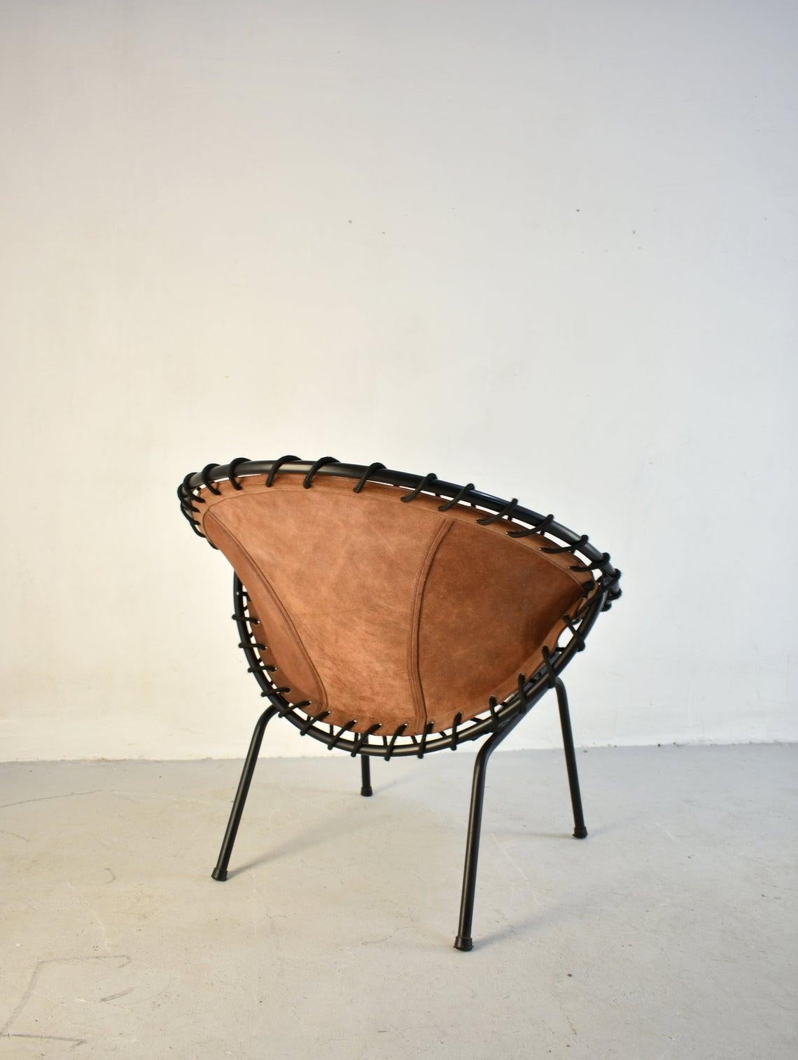 German Midcentury Metal Basket Shaped Lounge Chair with Brushed Leather Seat, 1960s