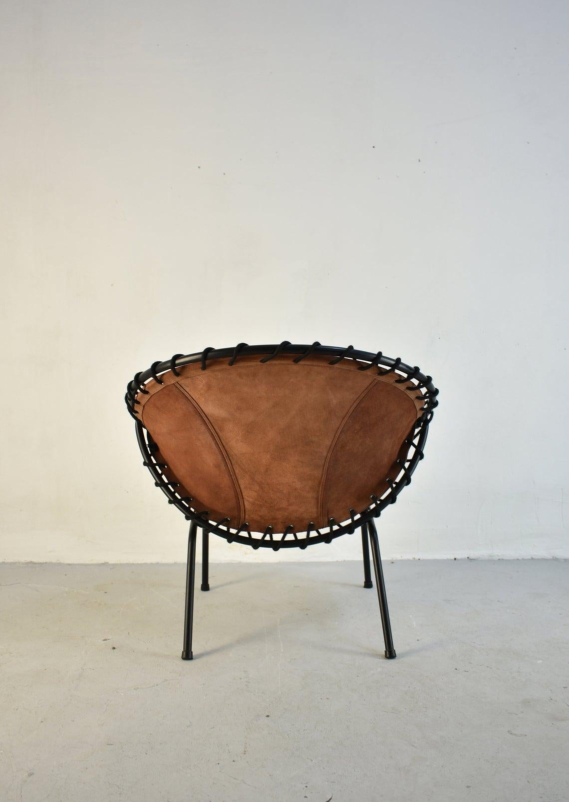 Midcentury Metal Basket Shaped Lounge Chair with Brushed Leather Seat, 1960s 1